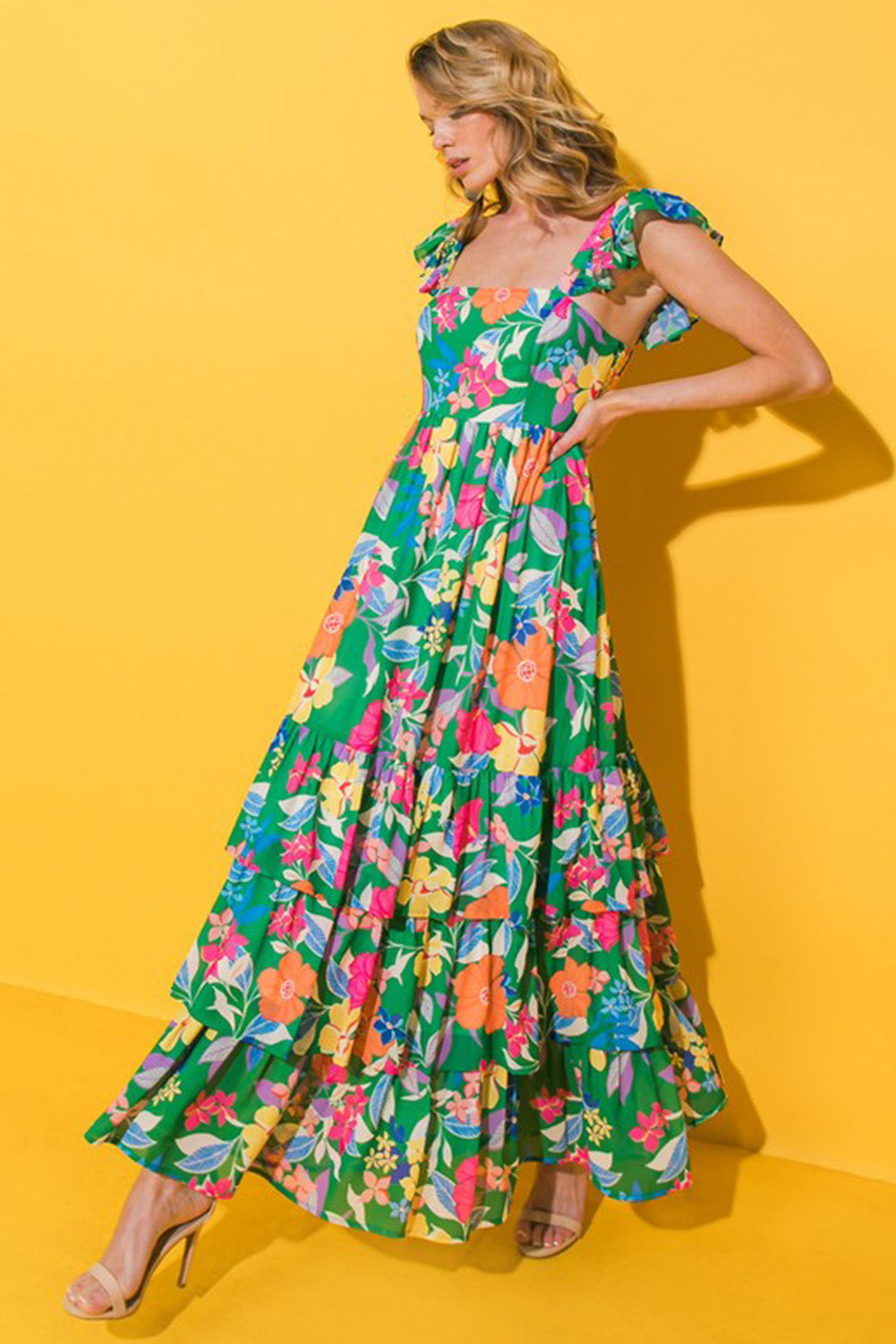Blue Zone Planet |  Green Floral Print Sleeveless Ruffle Tiered Maxi Dress Blue Zone Planet