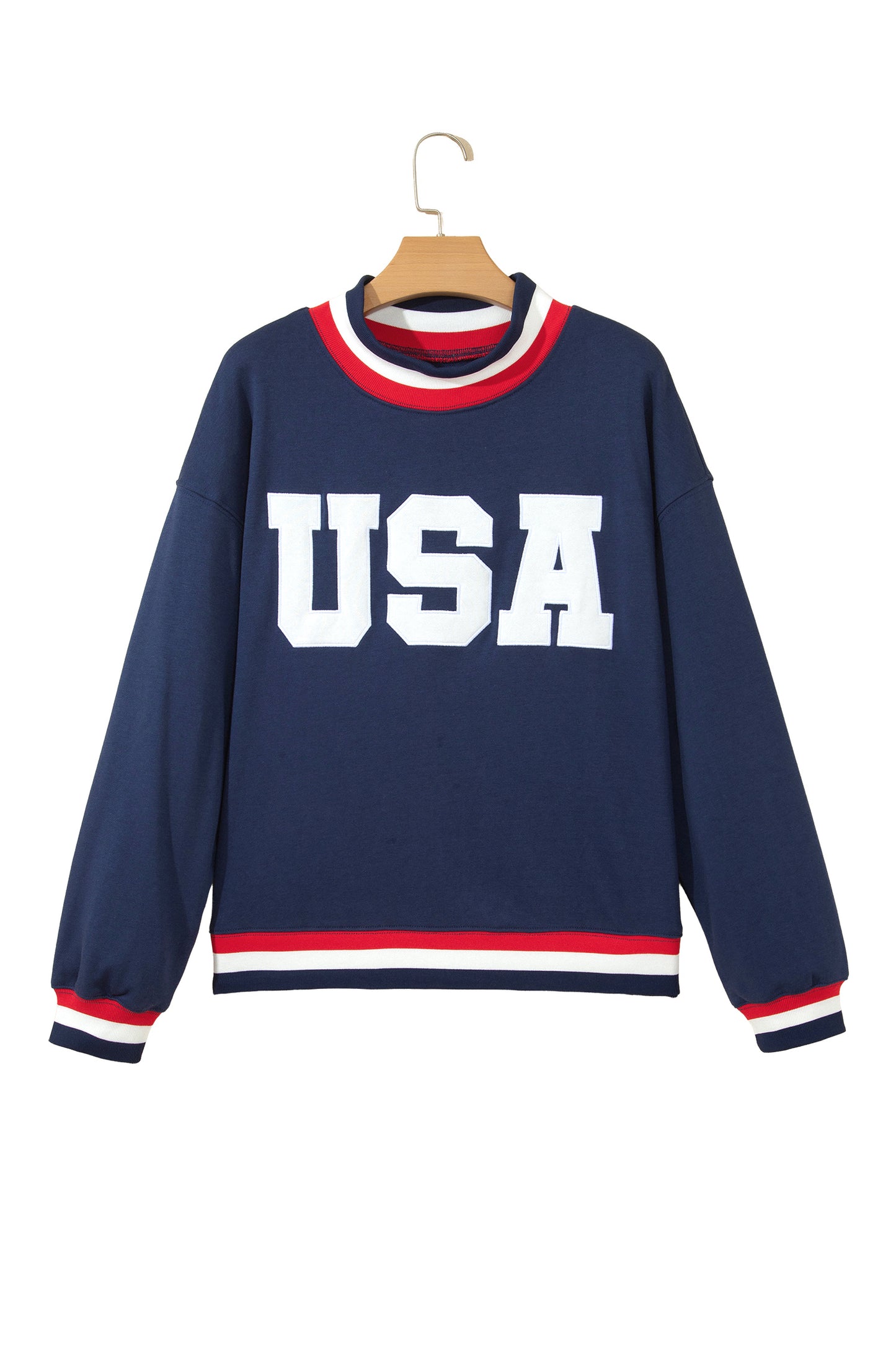 Dirty blue USA Slogan Patch Embroidery Colorblock High Neck Long Sleeve Sweatshirt-Tops/Sweatshirts & Hoodies-[Adult]-[Female]-2022 Online Blue Zone Planet