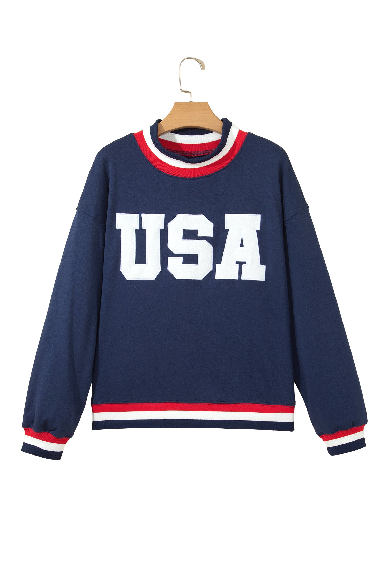 Dirty blue USA Slogan Patch Embroidery Colorblock High Neck Long Sleeve Sweatshirt-Tops/Sweatshirts & Hoodies-[Adult]-[Female]-2022 Online Blue Zone Planet