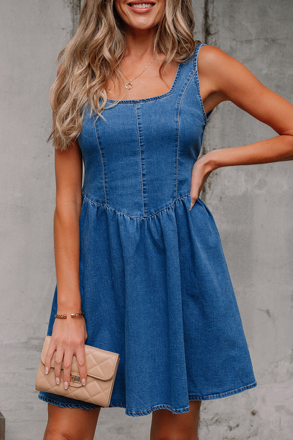 Sail Blue Square Neck Bowknot A-line Sleeveless Denim Dress-TOPS / DRESSES-[Adult]-[Female]-2022 Online Blue Zone Planet