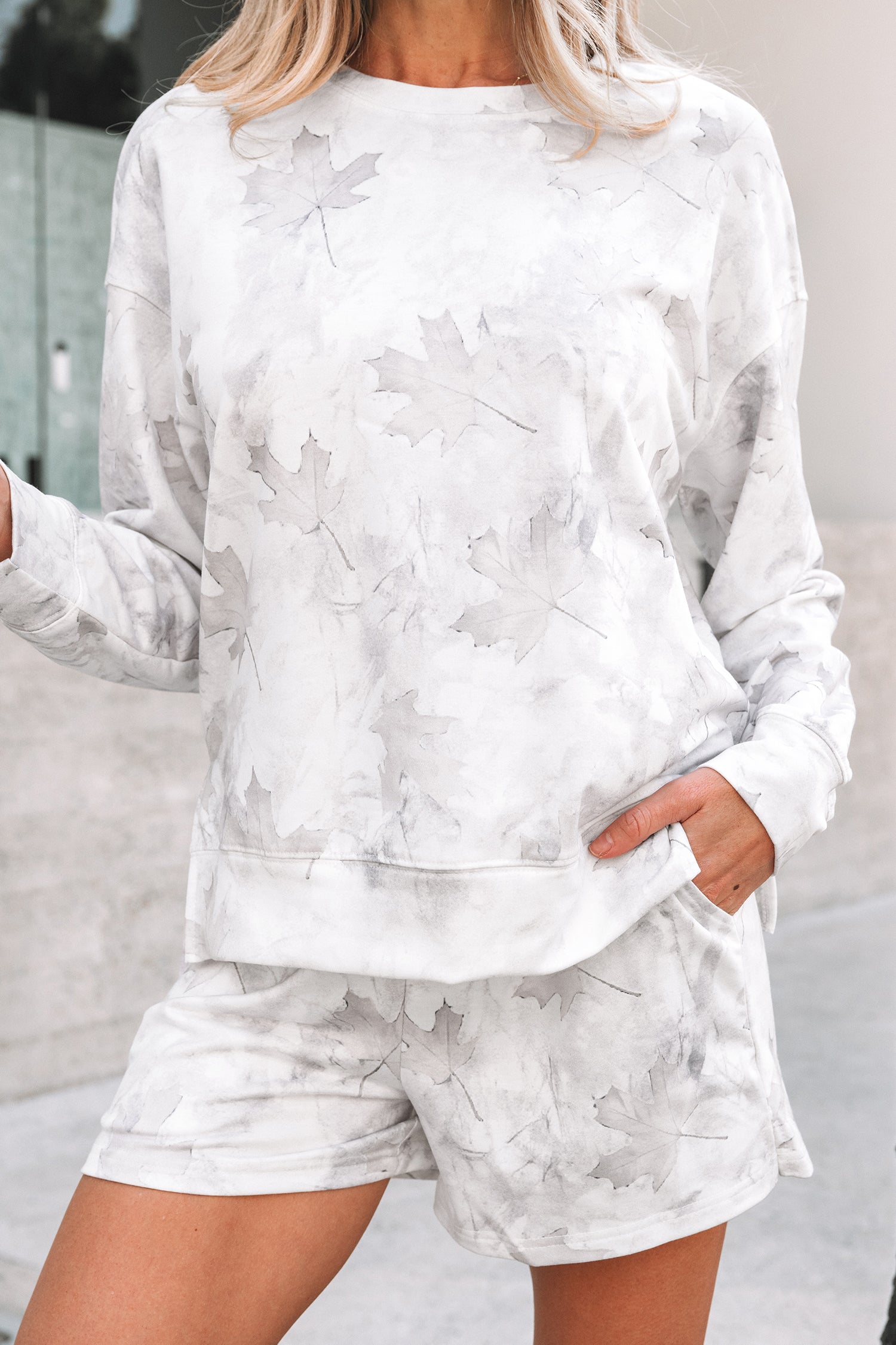 Beige Camo Print Pullover Top And Elastic Waist Casual Short Set-Two Piece Sets/Short Sets-[Adult]-[Female]-2022 Online Blue Zone Planet