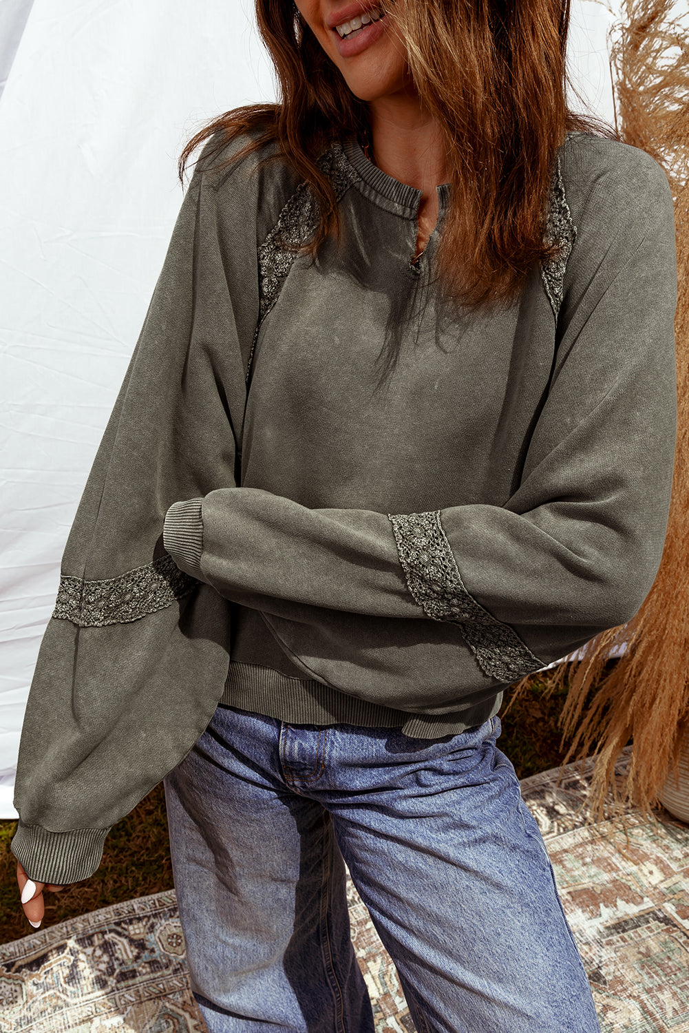 Jungle Green Lace Patchwork Detail Notched Neck Mineral Wash Baggy Sweatshirt-Tops/Sweatshirts & Hoodies-[Adult]-[Female]-Jungle Green-S-2022 Online Blue Zone Planet