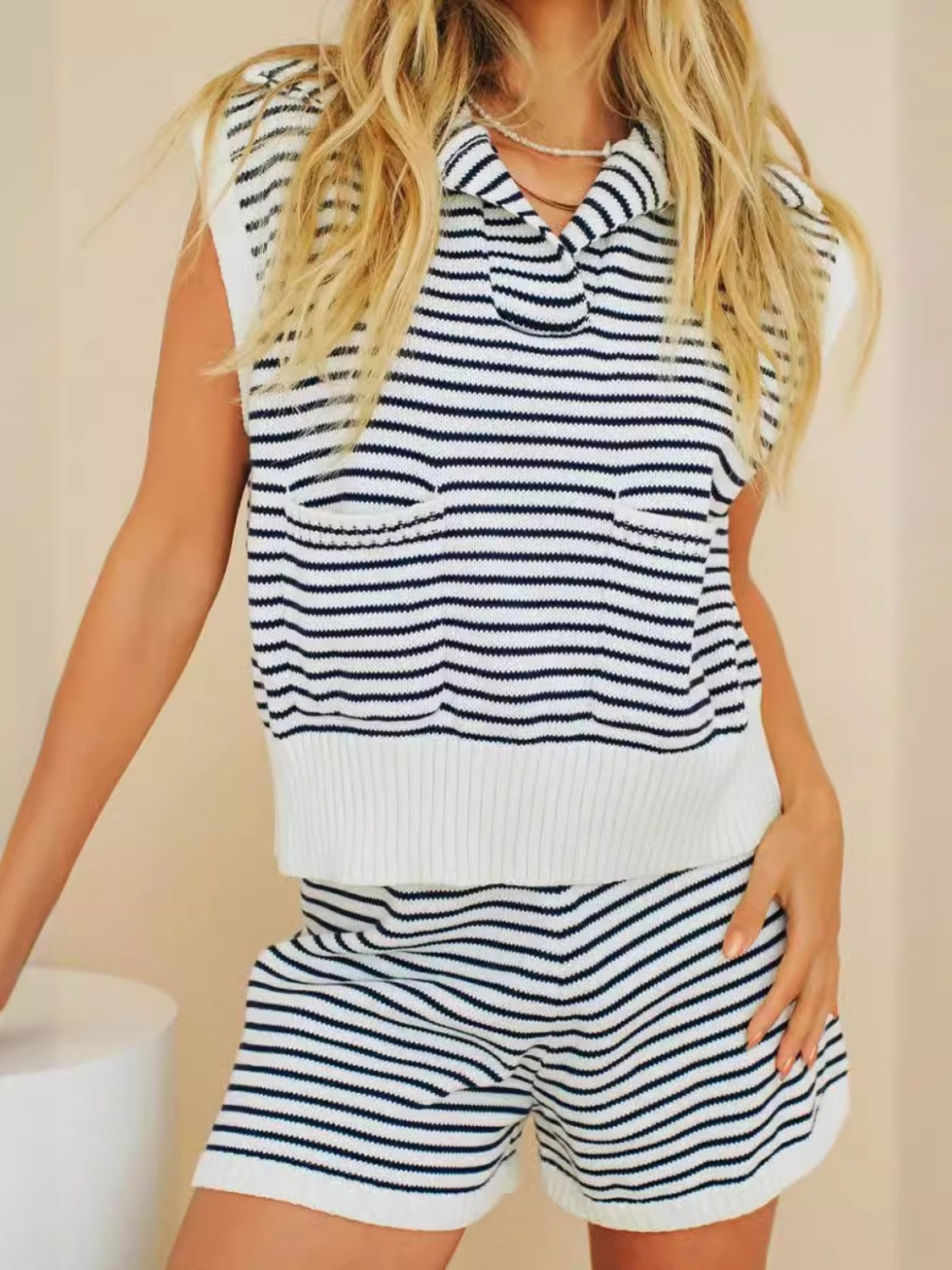 Striped Cap Sleeve Top and Shorts Sweater Set-TOPS / DRESSES-[Adult]-[Female]-White-S-2022 Online Blue Zone Planet