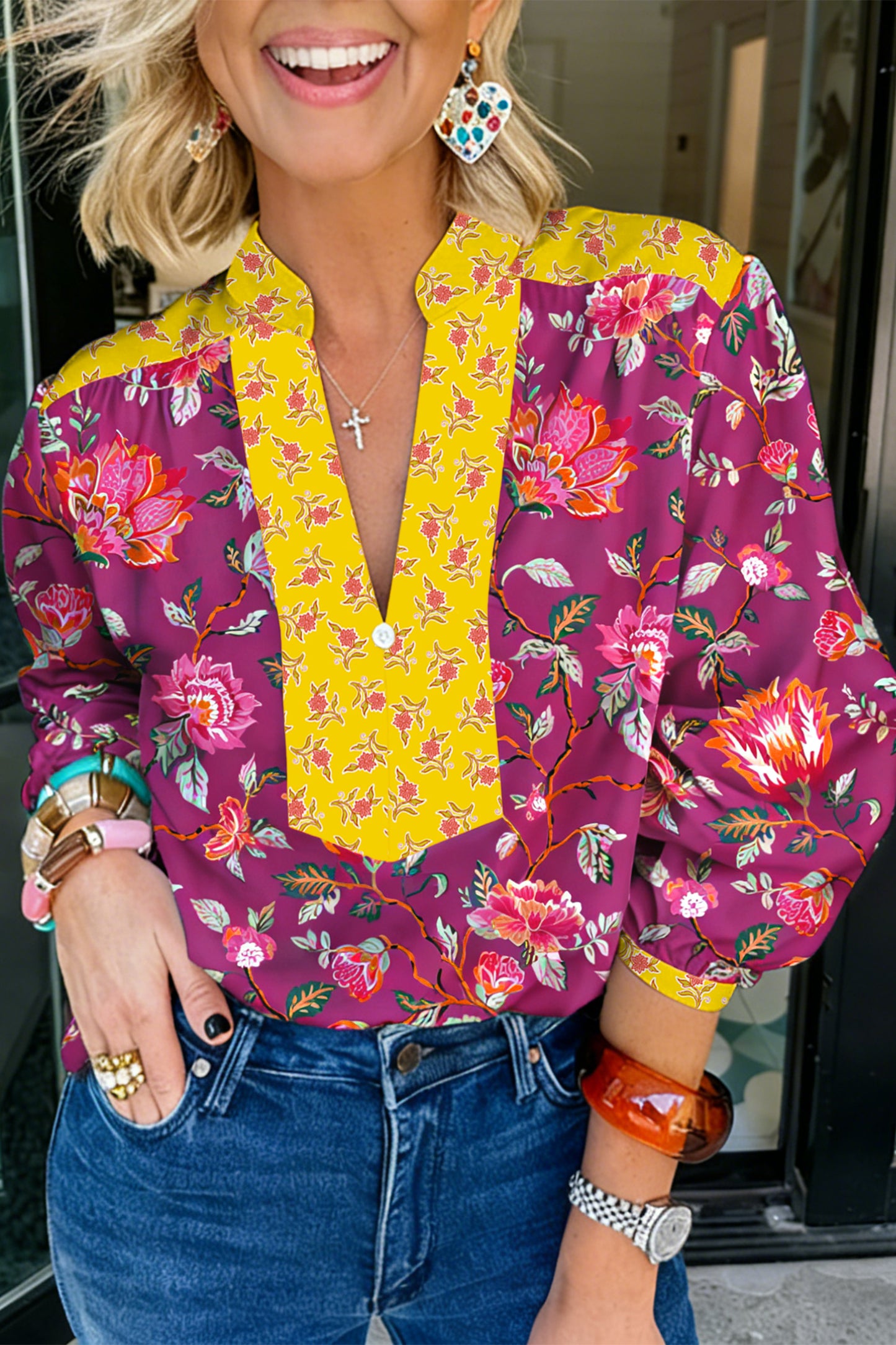 Rose Contrast Placket Split V Neck Floral Blouse-Tops/Blouses & Shirts-[Adult]-[Female]-Rose-S-2022 Online Blue Zone Planet