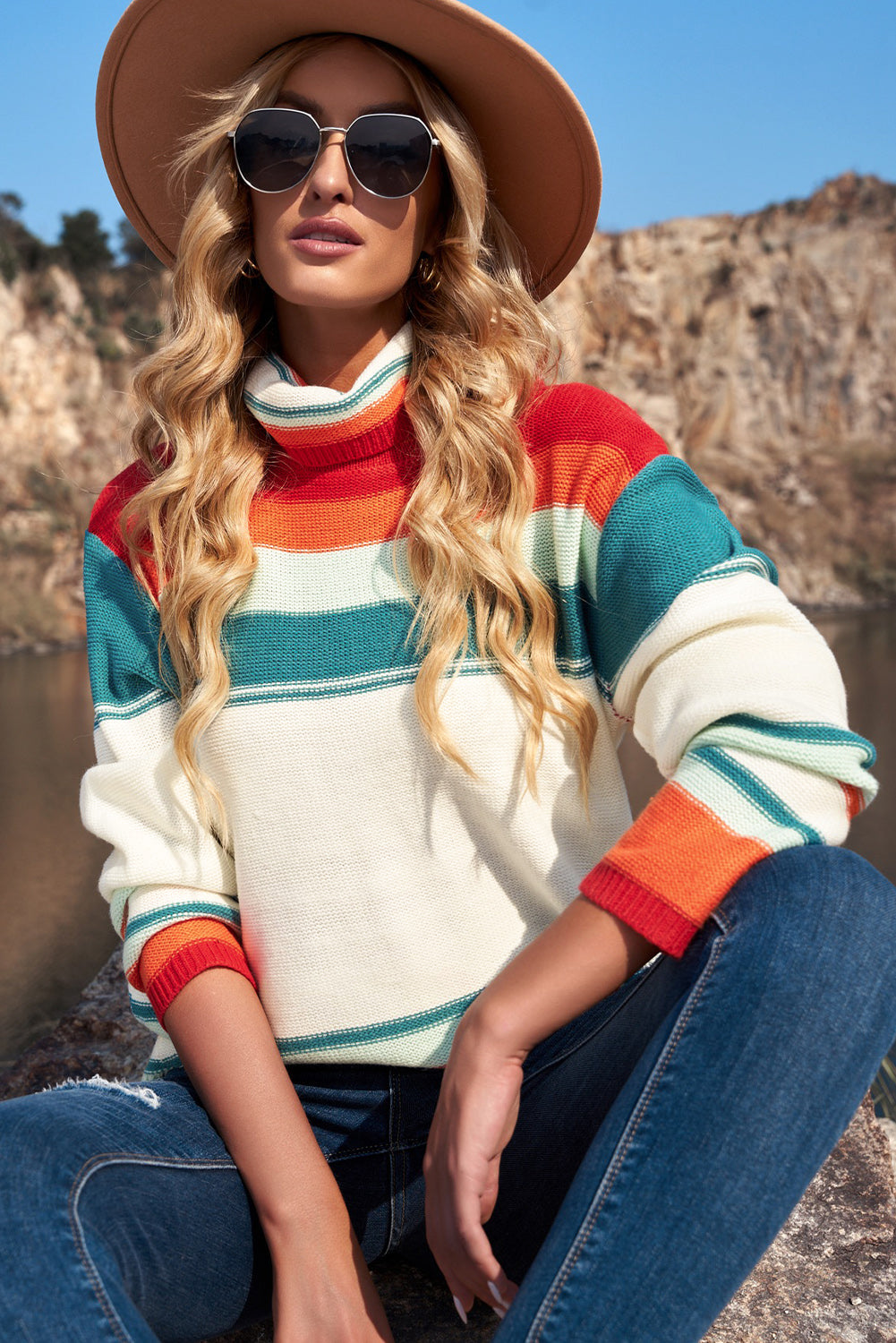 Contrast Striped Turtleneck Dropped Shoulder Sweater-TOPS / DRESSES-[Adult]-[Female]-2022 Online Blue Zone Planet