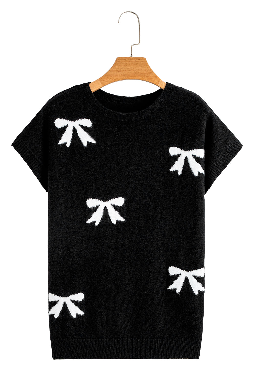 Black Bow Pattern Knit Short Sleeve Sweater-Sweaters & Cardigans/Short Sleeve Sweaters-[Adult]-[Female]-2022 Online Blue Zone Planet