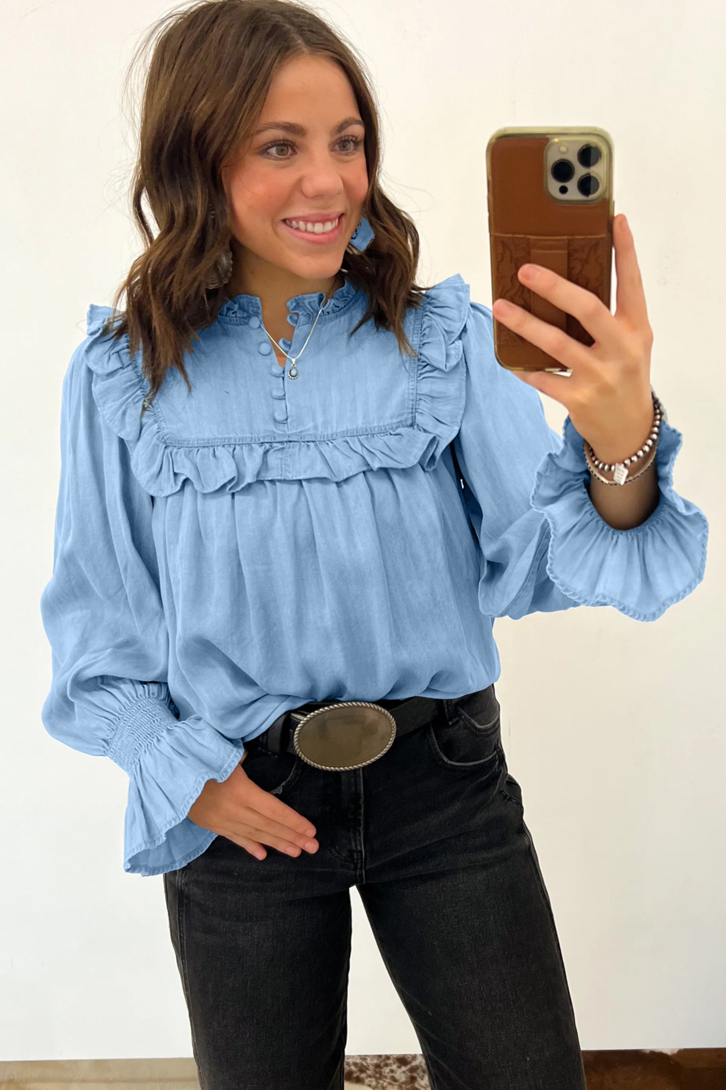 Beau Blue Western Ruffle V Neck Long Sleeve Chambray Blouse-Tops/Blouses & Shirts-[Adult]-[Female]-2022 Online Blue Zone Planet