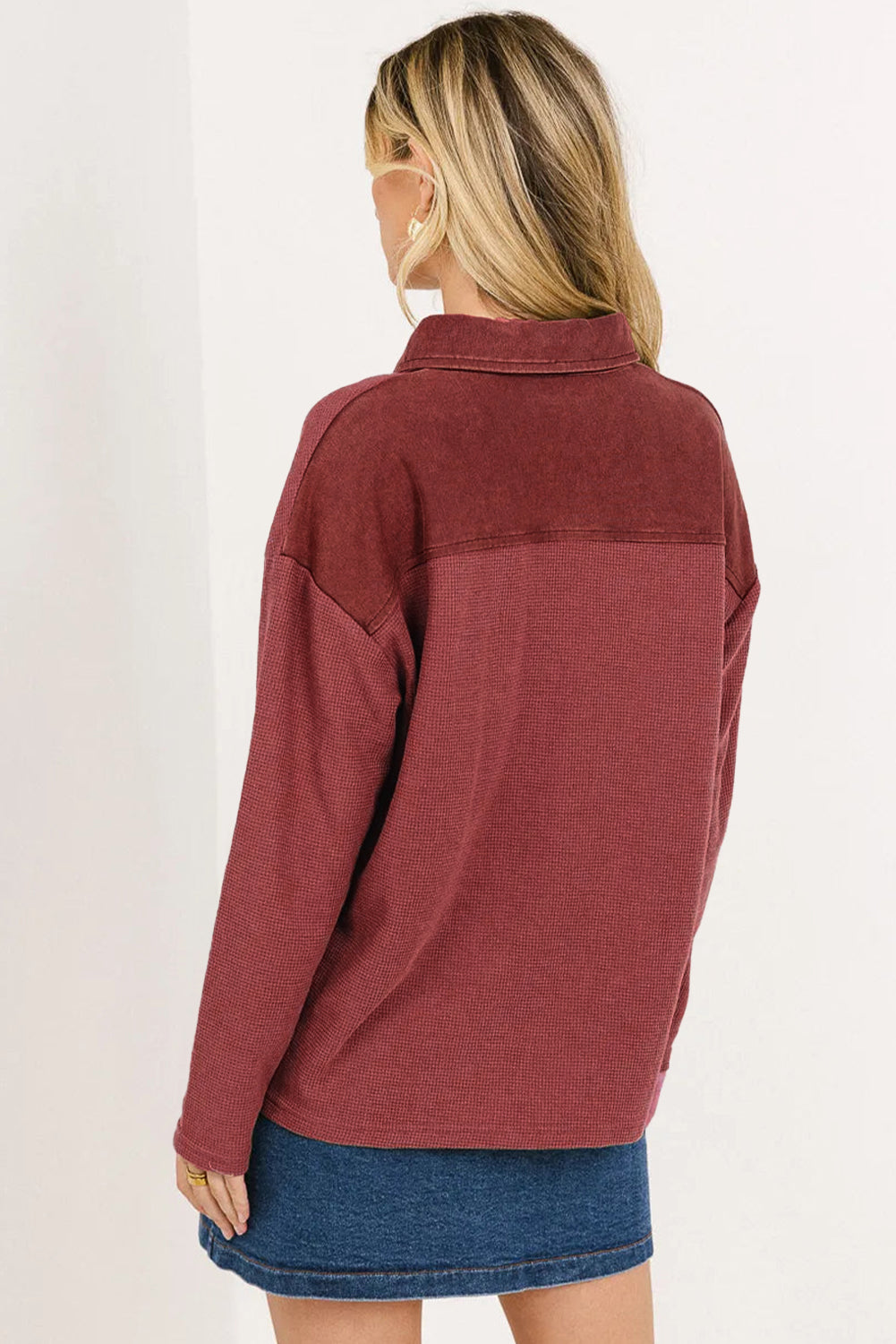 Red Dahlia Solid Color Long Sleeve Thermal Knit Polo Collar Patchwork Top-Tops/Long Sleeve Tops-[Adult]-[Female]-2022 Online Blue Zone Planet