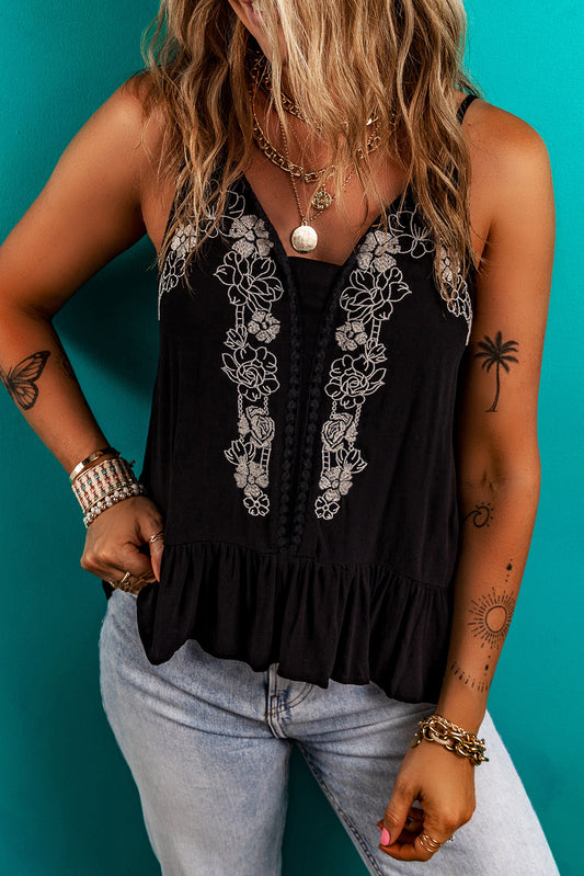 Black Floral Embroidery Ruffled Spaghetti Straps Tank Top-Tops/Tank Tops-[Adult]-[Female]-2022 Online Blue Zone Planet