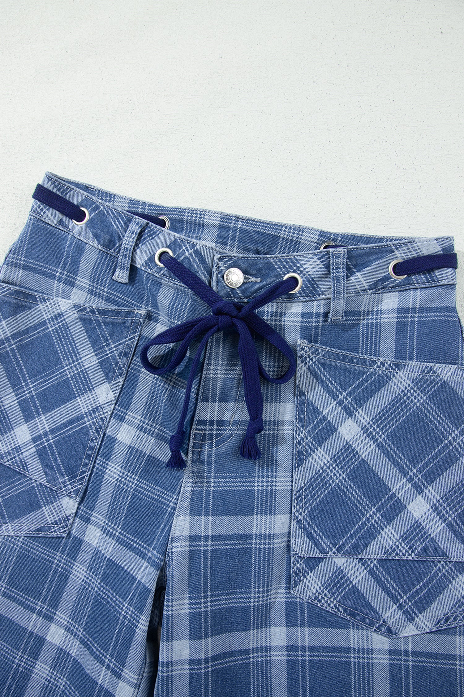 Sky Blue Plaid Denim Grommet Drawstring Waist Ankle-Length Jeans-Bottoms/Jeans-[Adult]-[Female]-2022 Online Blue Zone Planet