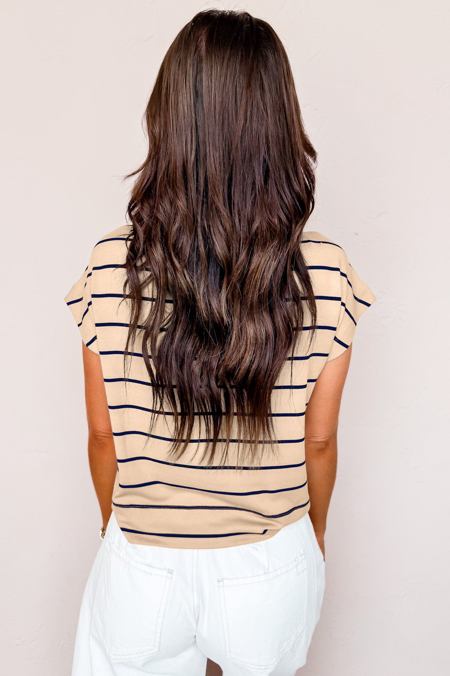 Khaki Stripe Mock Neck Short Sleeve Loose Top-Tops/Tops & Tees-[Adult]-[Female]-2022 Online Blue Zone Planet