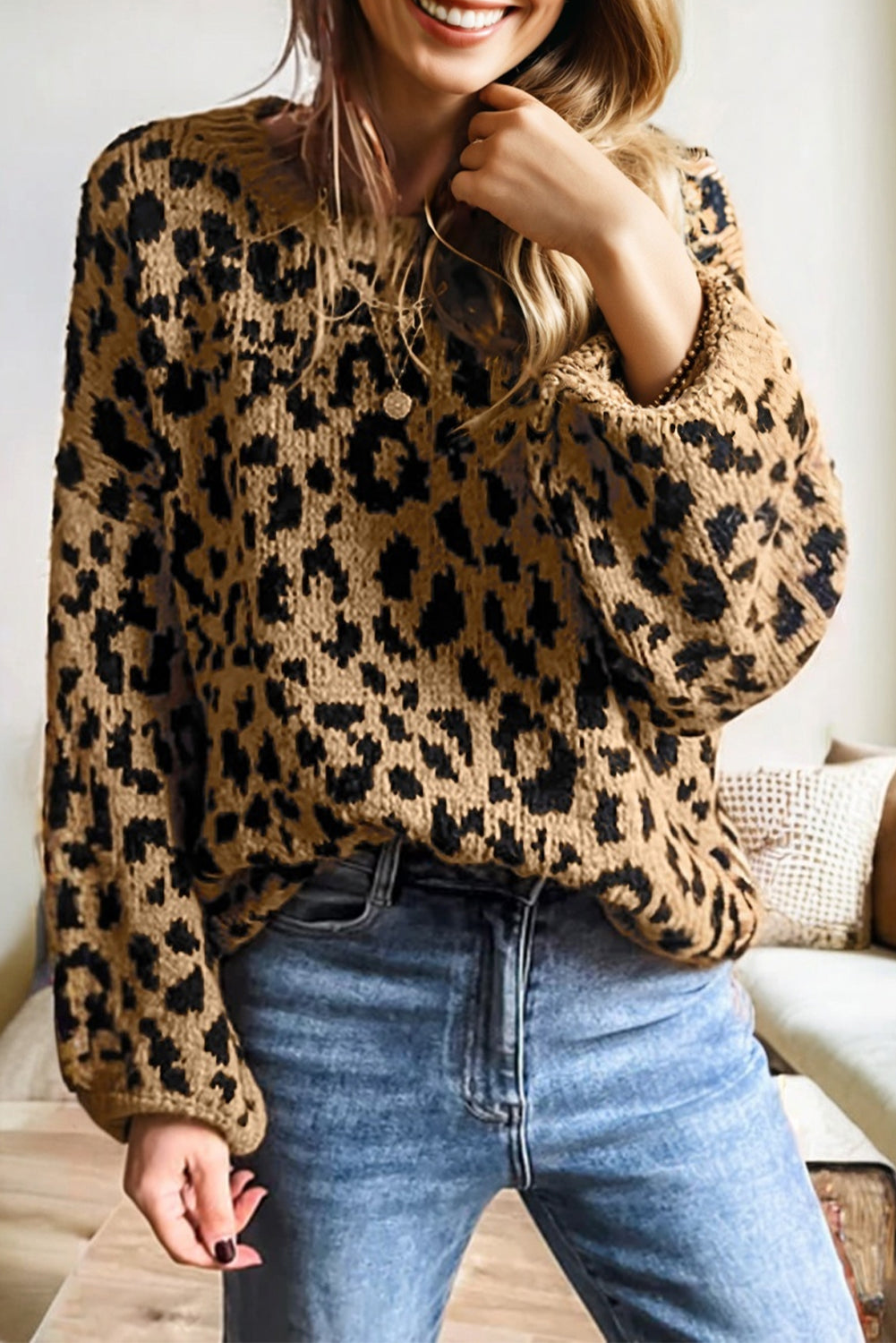 Light French Beige Ribbed Trim Round Neck Leopard Drop Shoulder Sweater-Sweaters & Cardigans/Sweaters-[Adult]-[Female]-Light French Beige-S-2022 Online Blue Zone Planet
