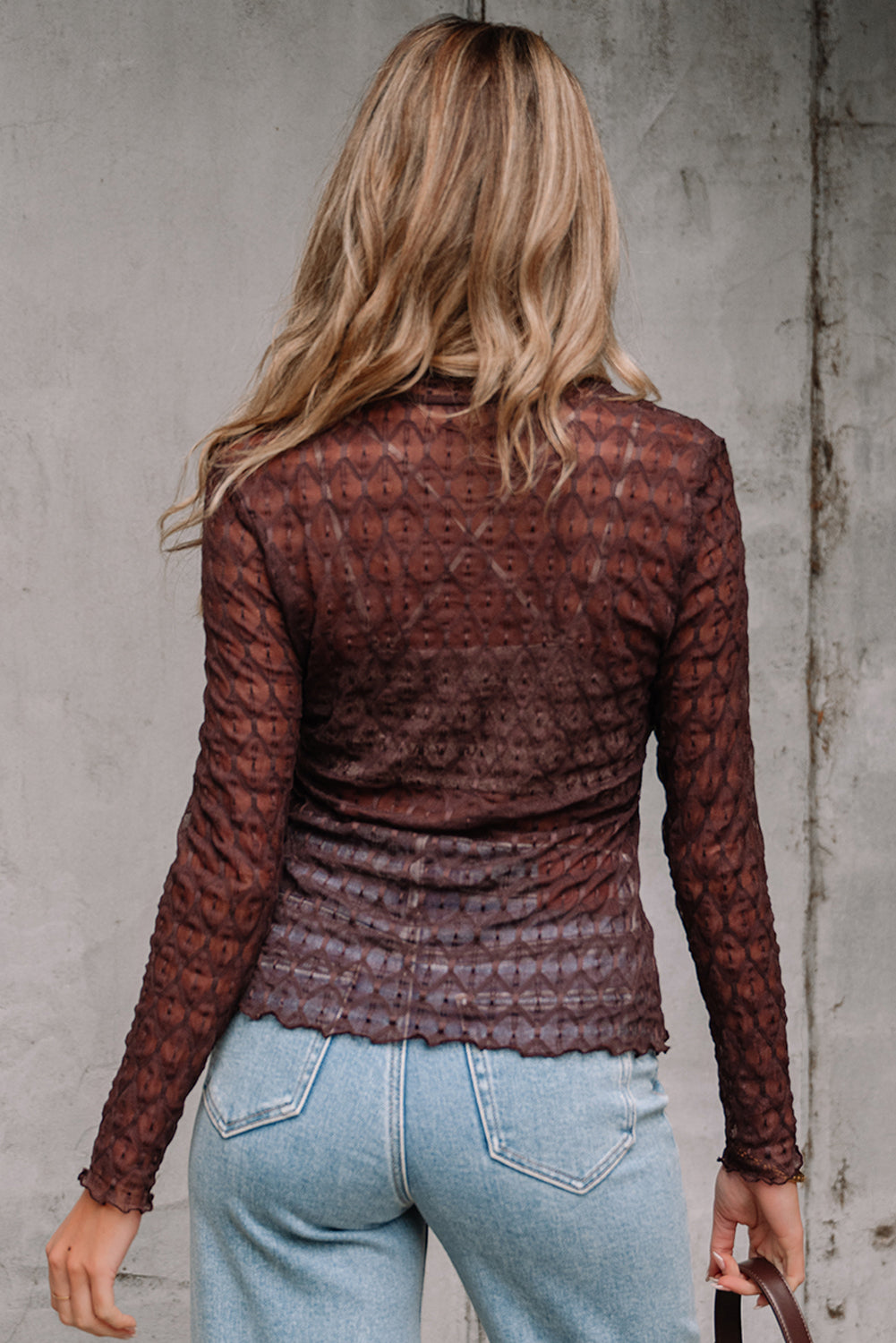 Coffee Sheer Mesh Patterned Lettuce Trim Slim Long Sleeve Top-Tops/Long Sleeve Tops-[Adult]-[Female]-2022 Online Blue Zone Planet