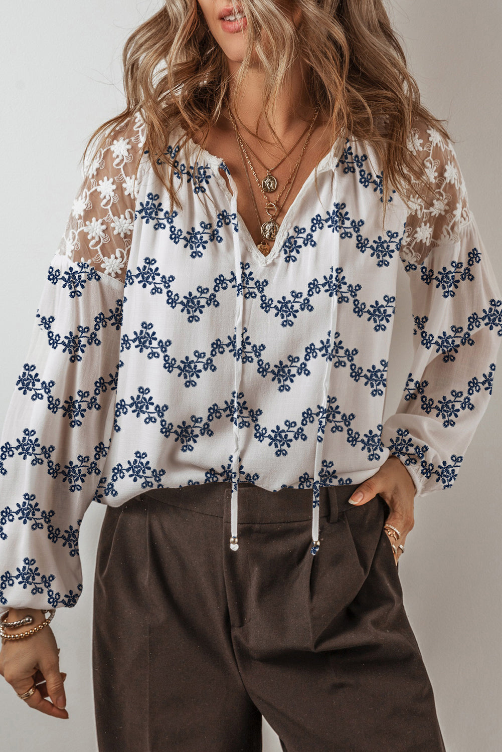 Blue Lace Patchwork Floral Bubble Sleeve V Split Neck Blouse-Tops/Blouses & Shirts-[Adult]-[Female]-2022 Online Blue Zone Planet