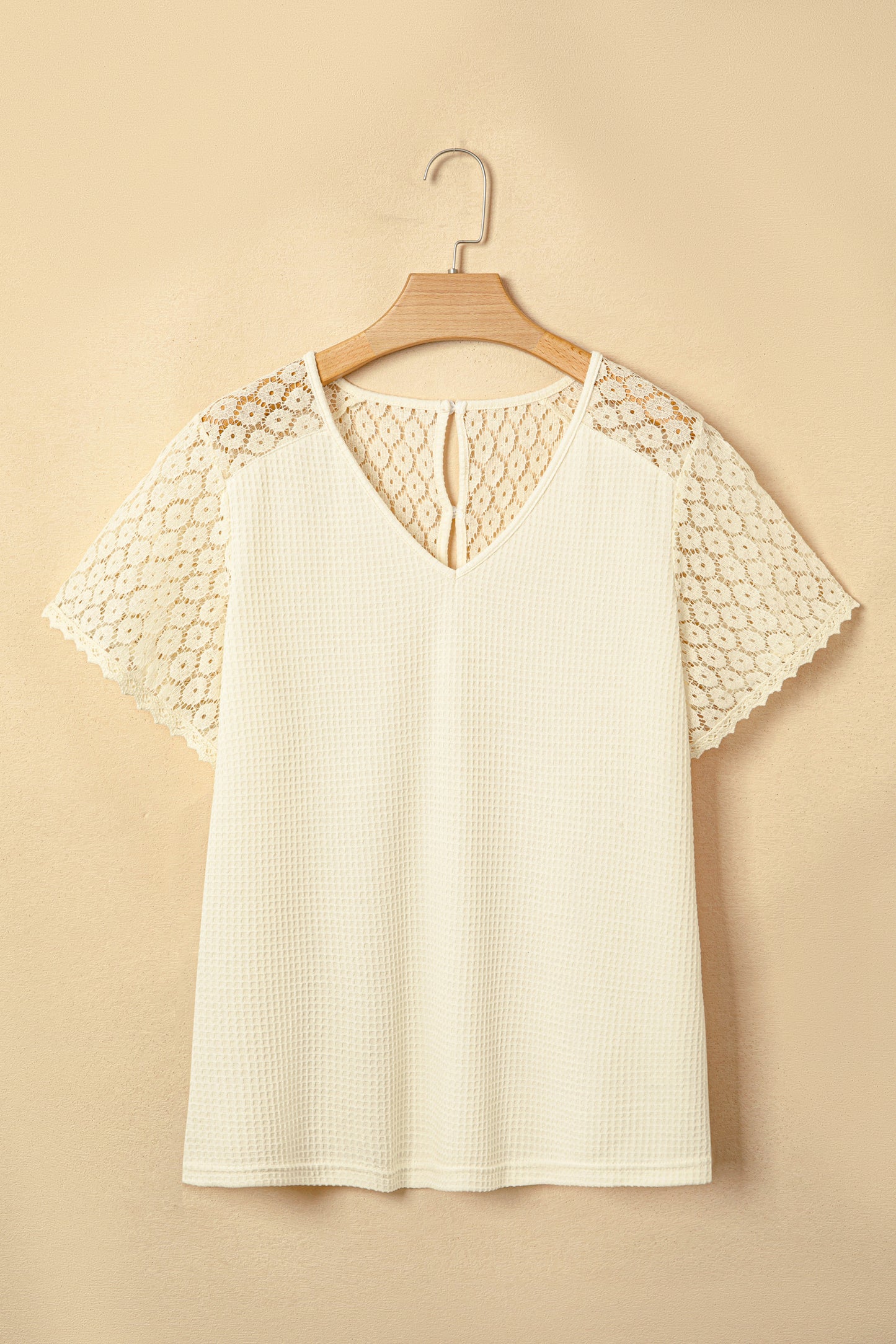 Beige Lace Splicing Button Cutout V Neck Waffle Knit Blouse-Tops/Blouses & Shirts-[Adult]-[Female]-2022 Online Blue Zone Planet