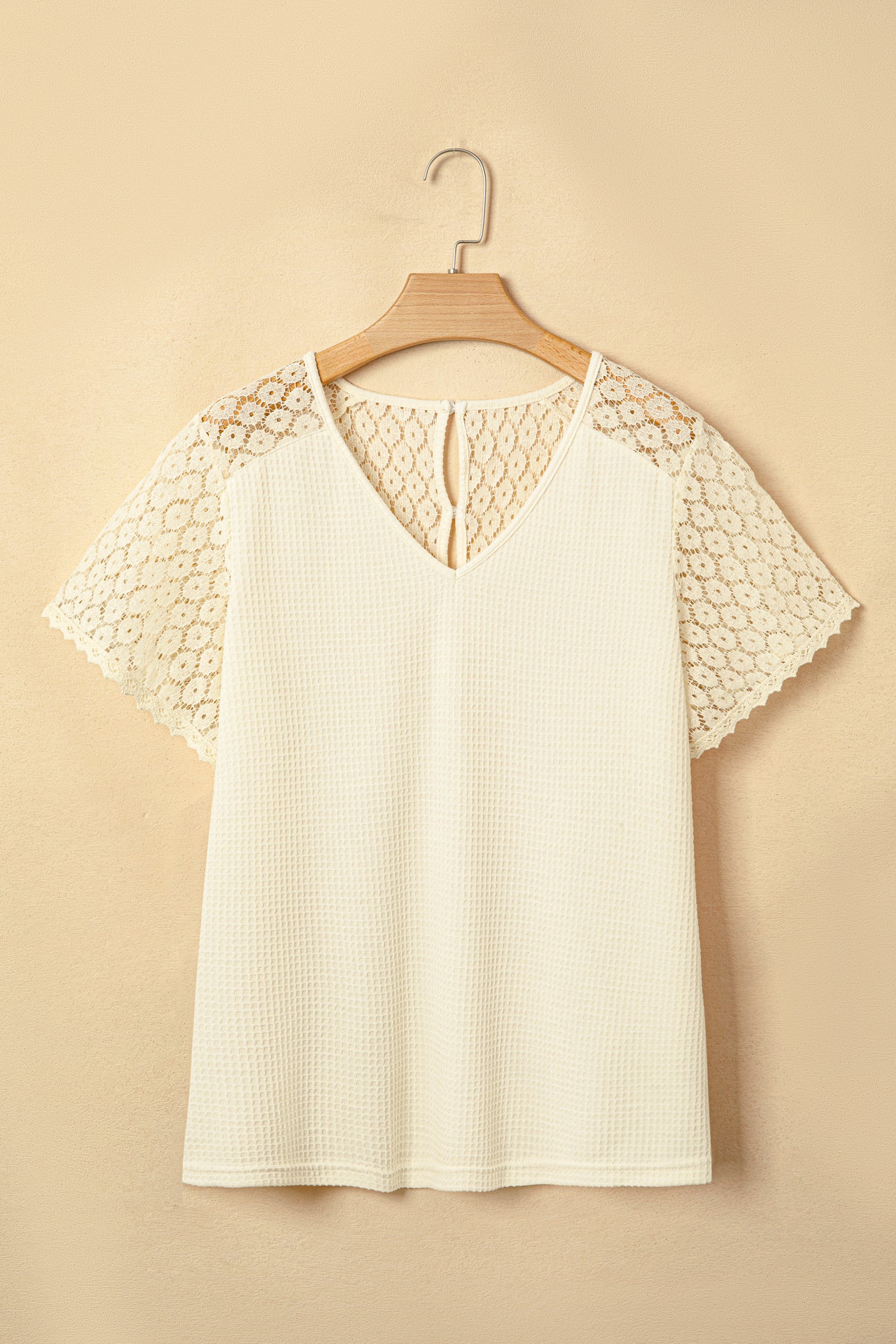 Beige Lace Splicing Button Cutout V Neck Waffle Knit Blouse-Tops/Blouses & Shirts-[Adult]-[Female]-2022 Online Blue Zone Planet