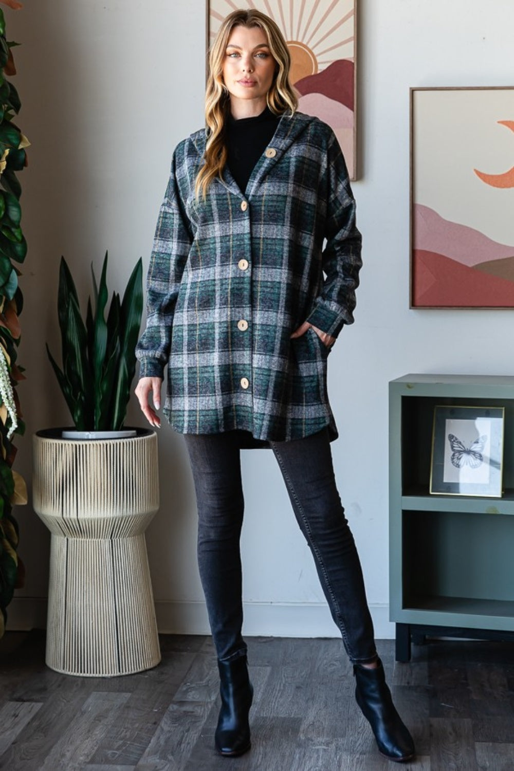 Blue Zone Planet | Heimish Plaid Button Down Long Sleeve Hooded Cardigan-TOPS / DRESSES-[Adult]-[Female]-2022 Online Blue Zone Planet