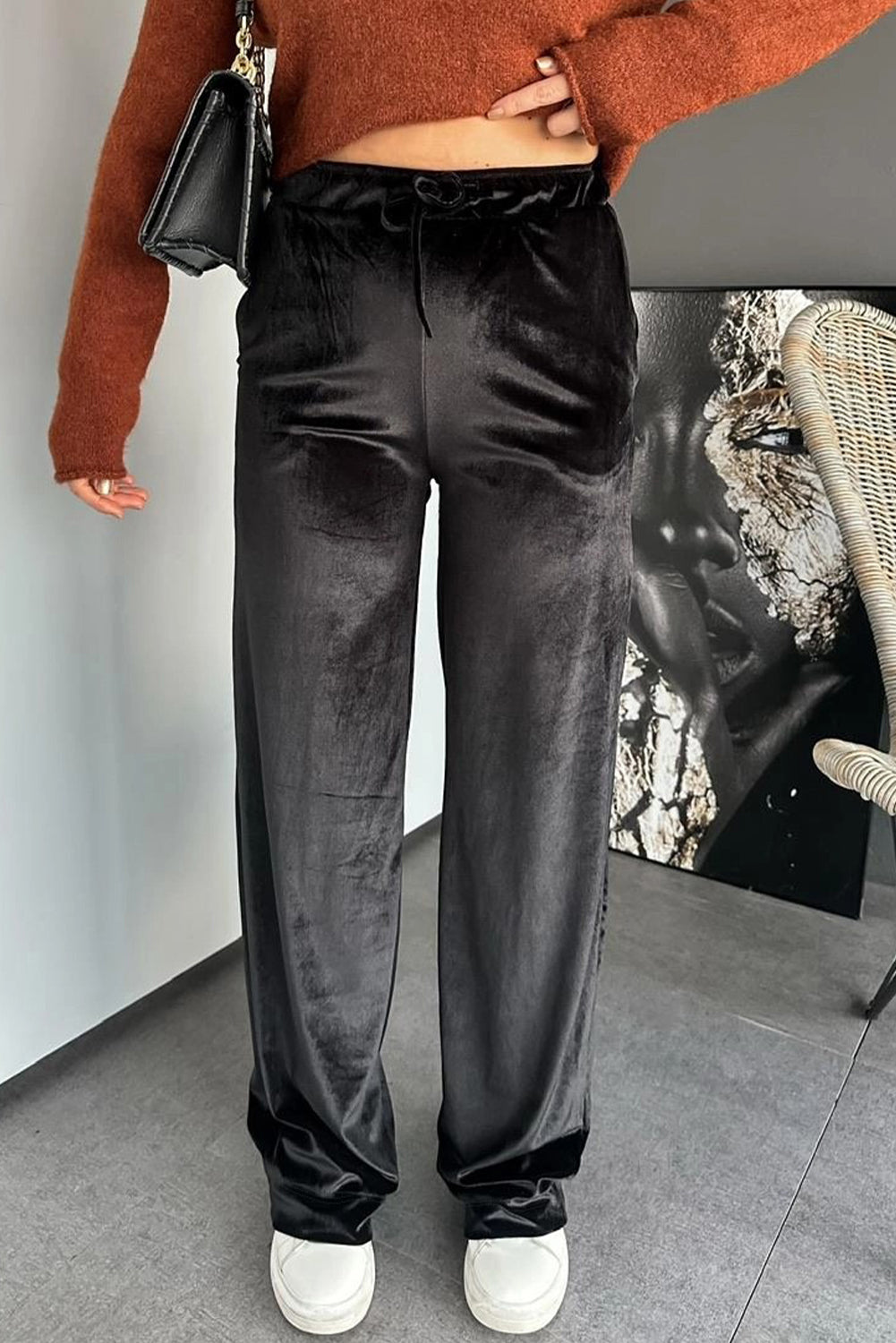 Black Shiny Velvet Drawstring High Waist Straight Leg Casual Pants-Bottoms/Pants & Culotte-[Adult]-[Female]-2022 Online Blue Zone Planet