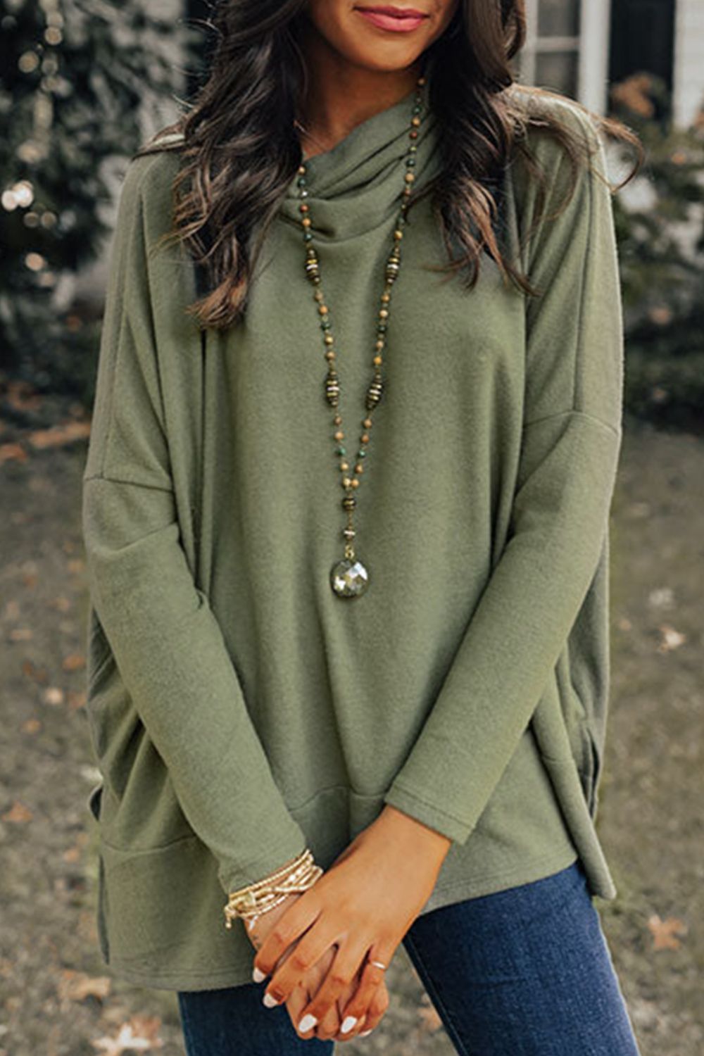 Side Slit High-Low Cowl Neck Long Sleeve Blouse-TOPS / DRESSES-[Adult]-[Female]-Army Green-S-2022 Online Blue Zone Planet