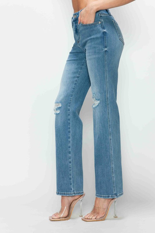 Blue Zone Planet | bytos Full Size Distressed High Rise Straight Jeans-BOTTOMS SIZES SMALL MEDIUM LARGE-[Adult]-[Female]-2022 Online Blue Zone Planet