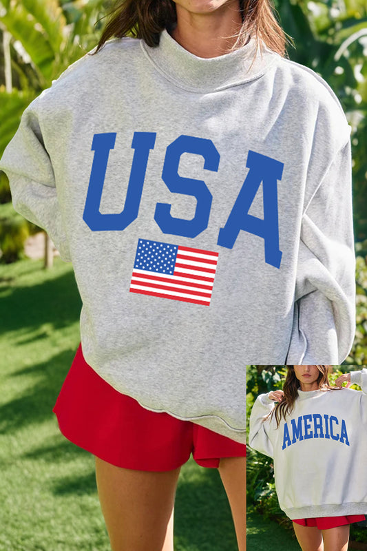 Light Grey Mock Neck Reversible USA/America Graphic Sweatshirt-Graphic/Graphic Sweatshirts-[Adult]-[Female]-Light Grey-S-2022 Online Blue Zone Planet