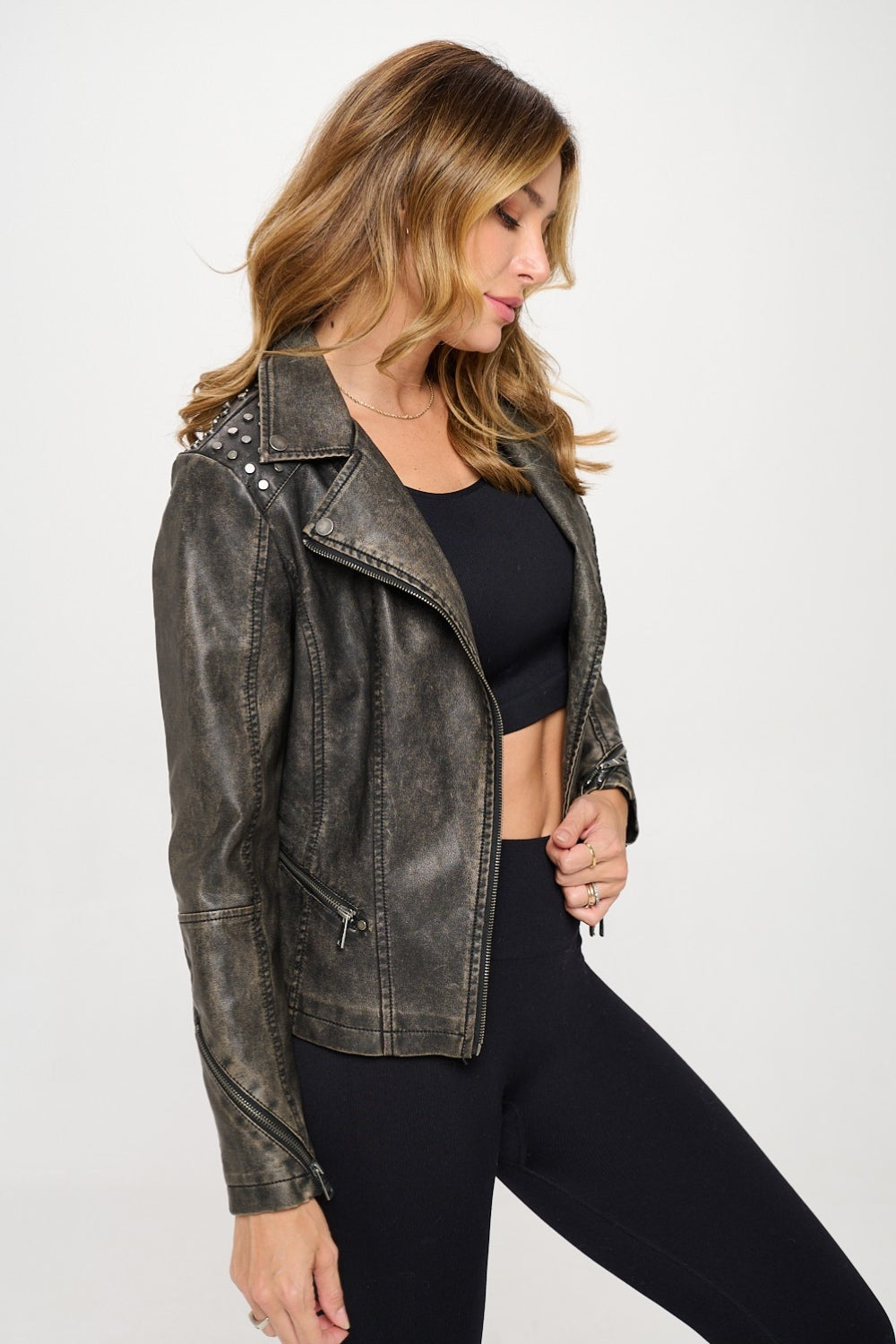 Coalition LA Studded Classic Moto Faux Leather Jacket-TOPS / DRESSES-[Adult]-[Female]-2022 Online Blue Zone Planet