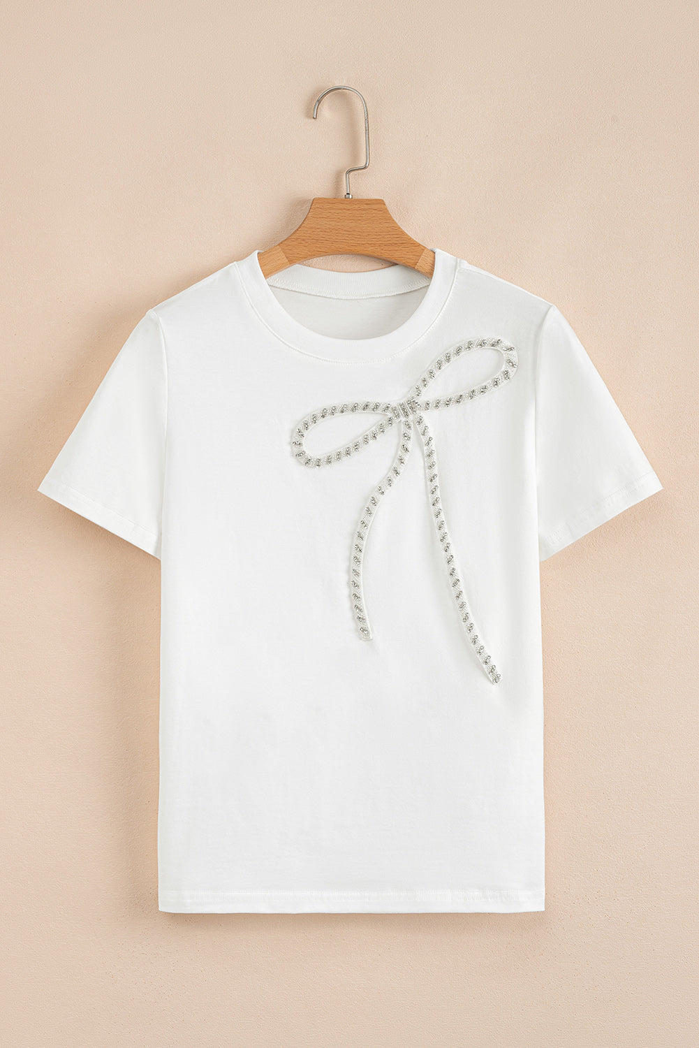 White Rhinestone Bow Embellished Round Neck Tee-Tops/Tops & Tees-[Adult]-[Female]-2022 Online Blue Zone Planet