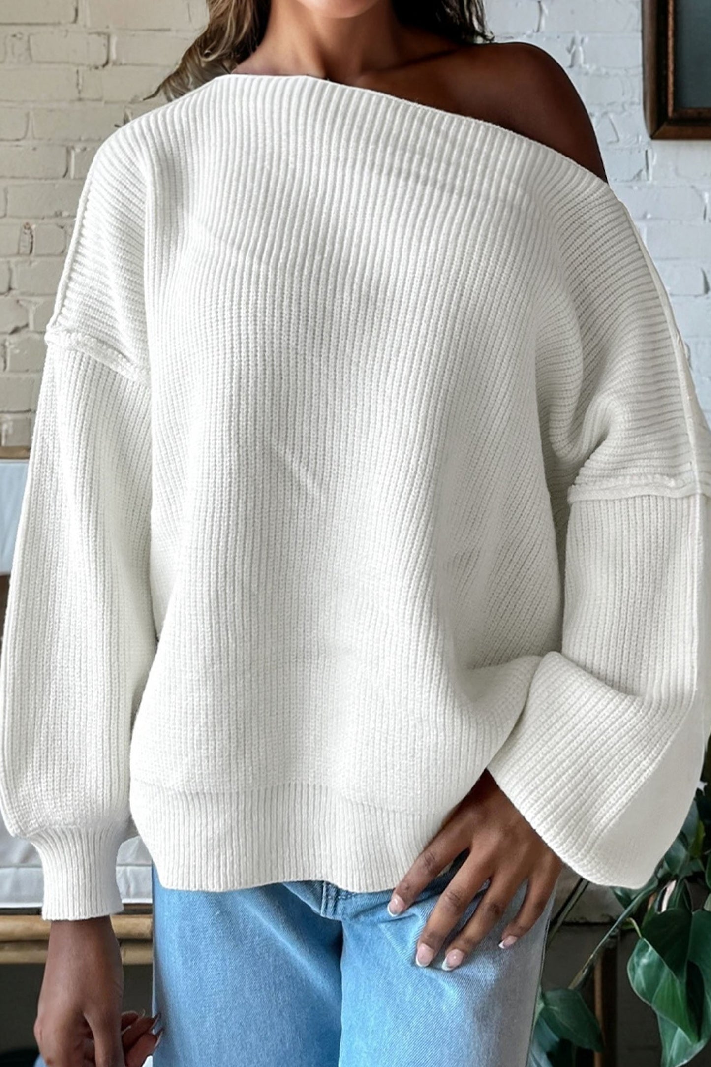 White Asymmetric Neck Drop Shoulder Baggy Slouchy Sweater-TOPS / DRESSES-[Adult]-[Female]-2022 Online Blue Zone Planet