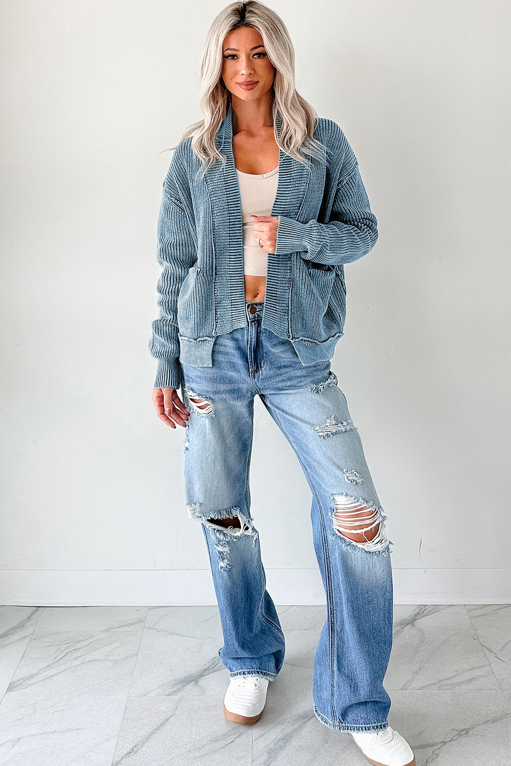 Chestnut Mineral Wash Exposed Seam Patchwork Knit Open Sweater Cardigan-TOPS / DRESSES-[Adult]-[Female]-2022 Online Blue Zone Planet