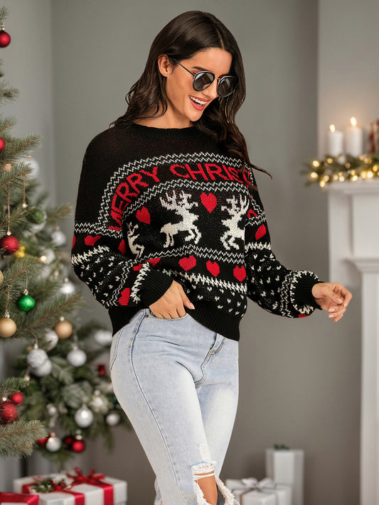 Perfee Christmas Element Round Neck Sweater-TOPS / DRESSES-[Adult]-[Female]-Black-S-2022 Online Blue Zone Planet