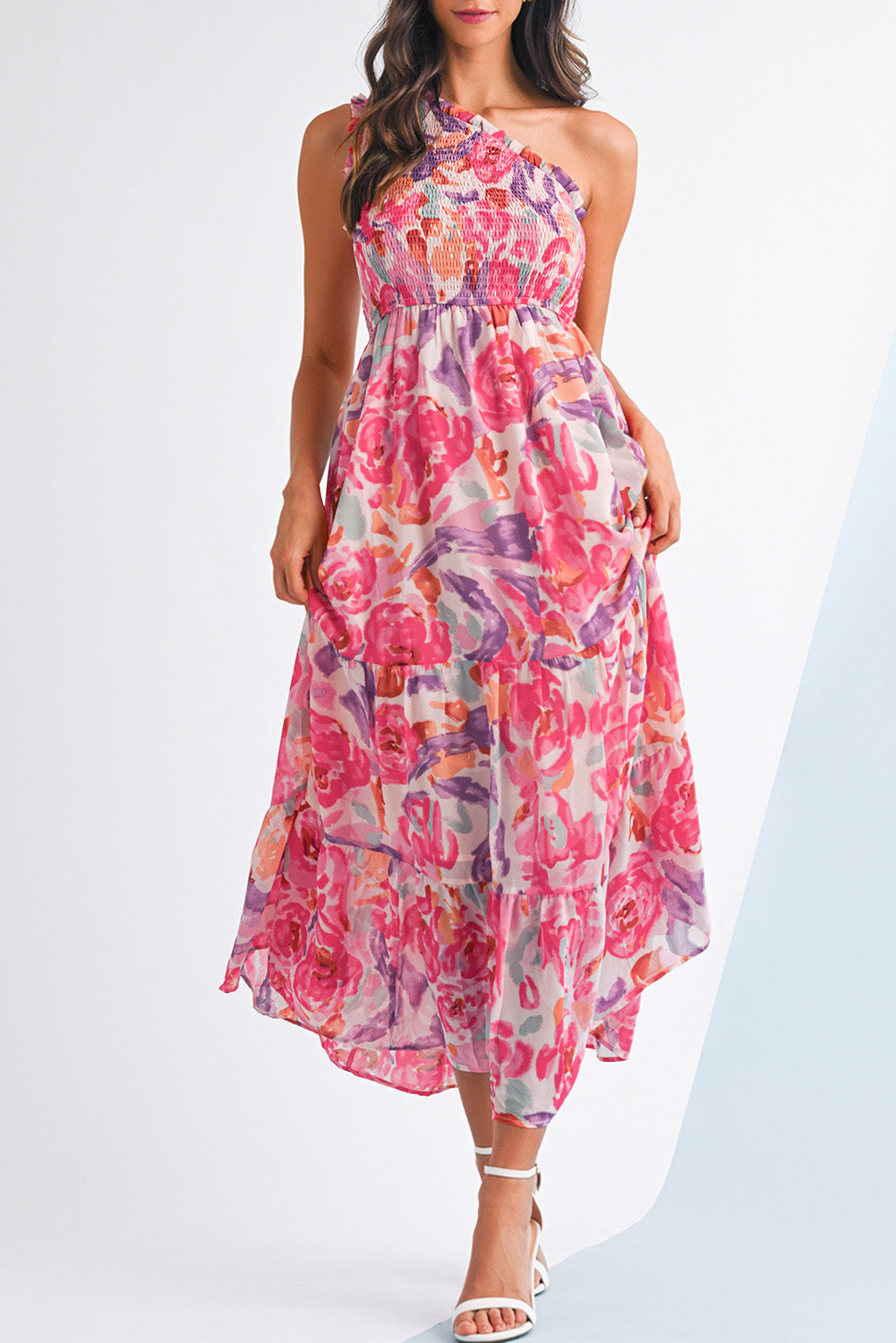Pink Floral Print Shirred One Shoulder Maxi Dress-TOPS / DRESSES-[Adult]-[Female]-Pink-L-2022 Online Blue Zone Planet