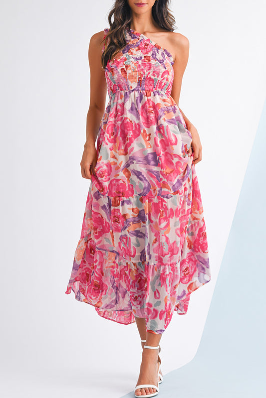 Pink Floral Print Shirred One Shoulder Maxi Dress-TOPS / DRESSES-[Adult]-[Female]-Pink-L-2022 Online Blue Zone Planet