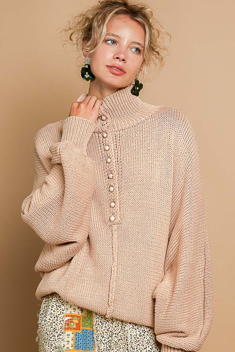 POL Pearl Detail Turtleneck Long Sleeve Sweater-TOPS / DRESSES-[Adult]-[Female]-2022 Online Blue Zone Planet