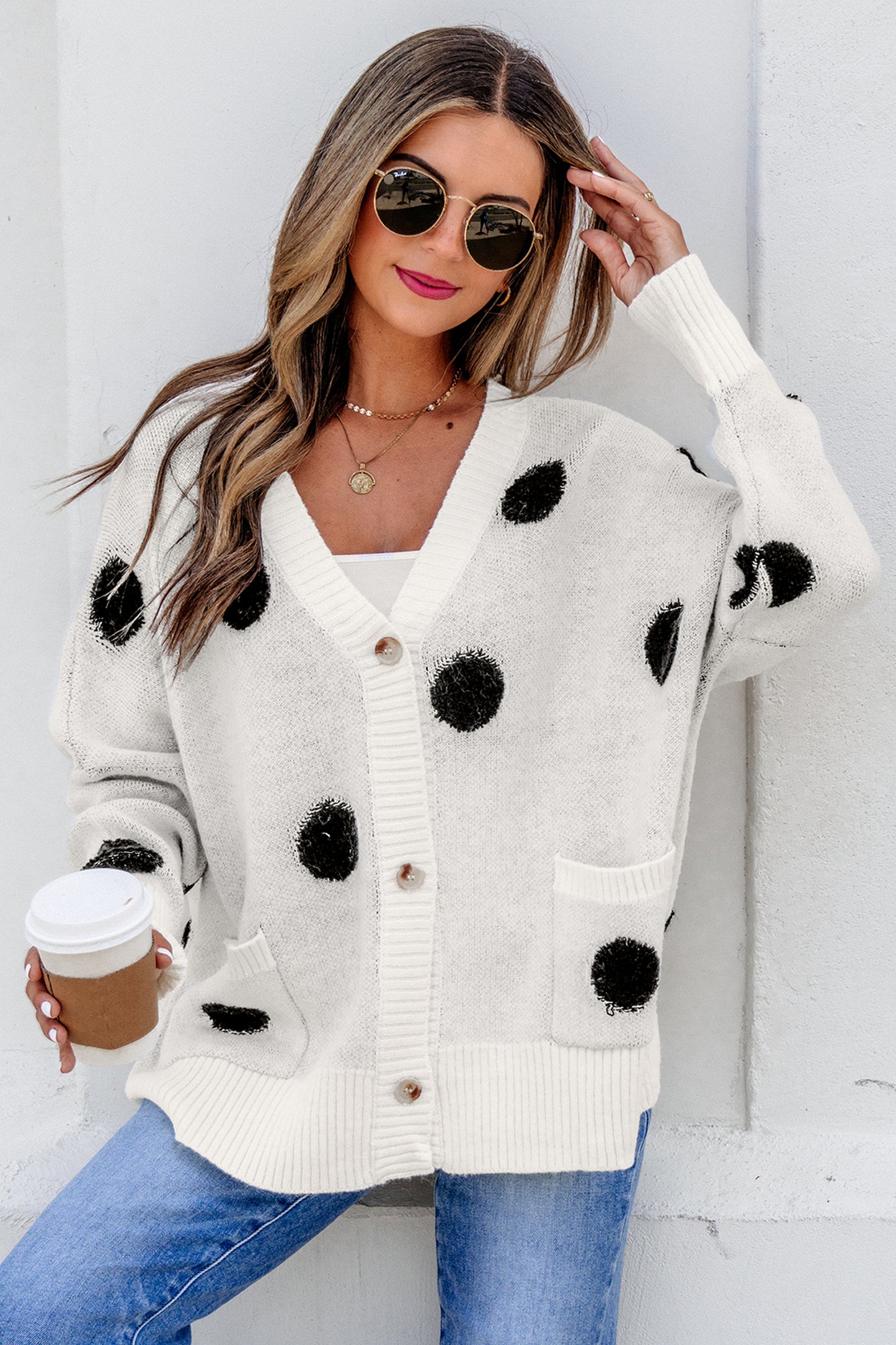 Beige Polka Dot Button Front Oversized V Neck Cardigan-Sweaters & Cardigans/Cardigans-[Adult]-[Female]-2022 Online Blue Zone Planet
