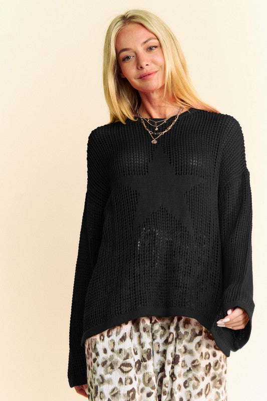 Davi & Dani Star Front Crochet Drop Shoulder Knit Top-TOPS / DRESSES-[Adult]-[Female]-2022 Online Blue Zone Planet