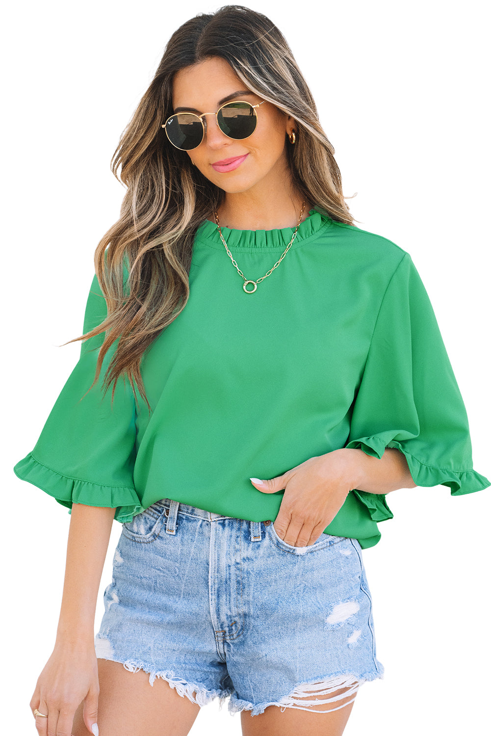 Blue Zone Planet | Green Frilly Round Neck Wide Half Sleeve Blouse-Tops/Blouses & Shirts-[Adult]-[Female]-2022 Online Blue Zone Planet