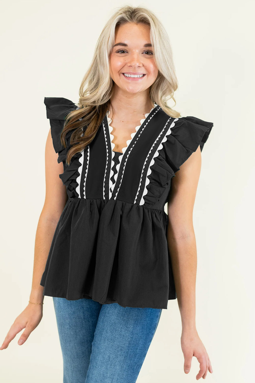 Black Contrast Ricrac Trim Ruffled V Neck Peplum Top-Tops/Blouses & Shirts-[Adult]-[Female]-2022 Online Blue Zone Planet