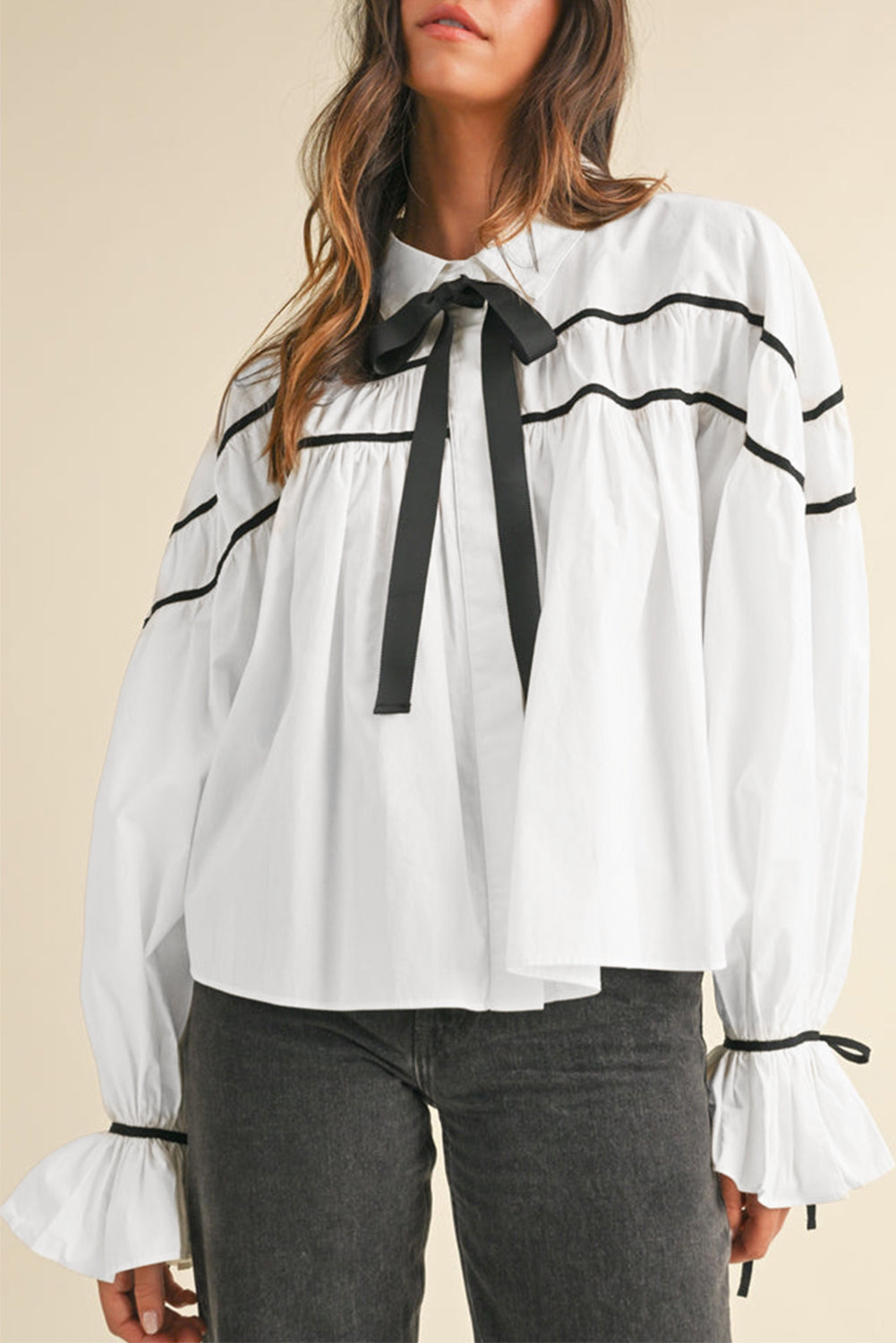 White Black Pipping Ribbon Bowtie Collared Ruffled Puff Sleeve Shirt-Tops/Blouses & Shirts-[Adult]-[Female]-White-S-2022 Online Blue Zone Planet