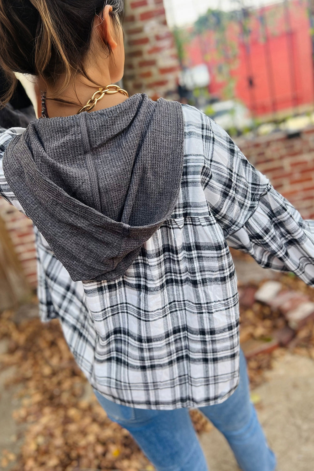 Gray Plaid Patchwork Long Sleeve Button Hooded Blouse-Tops / Dresses-[Adult]-[Female]-2022 Online Blue Zone Planet