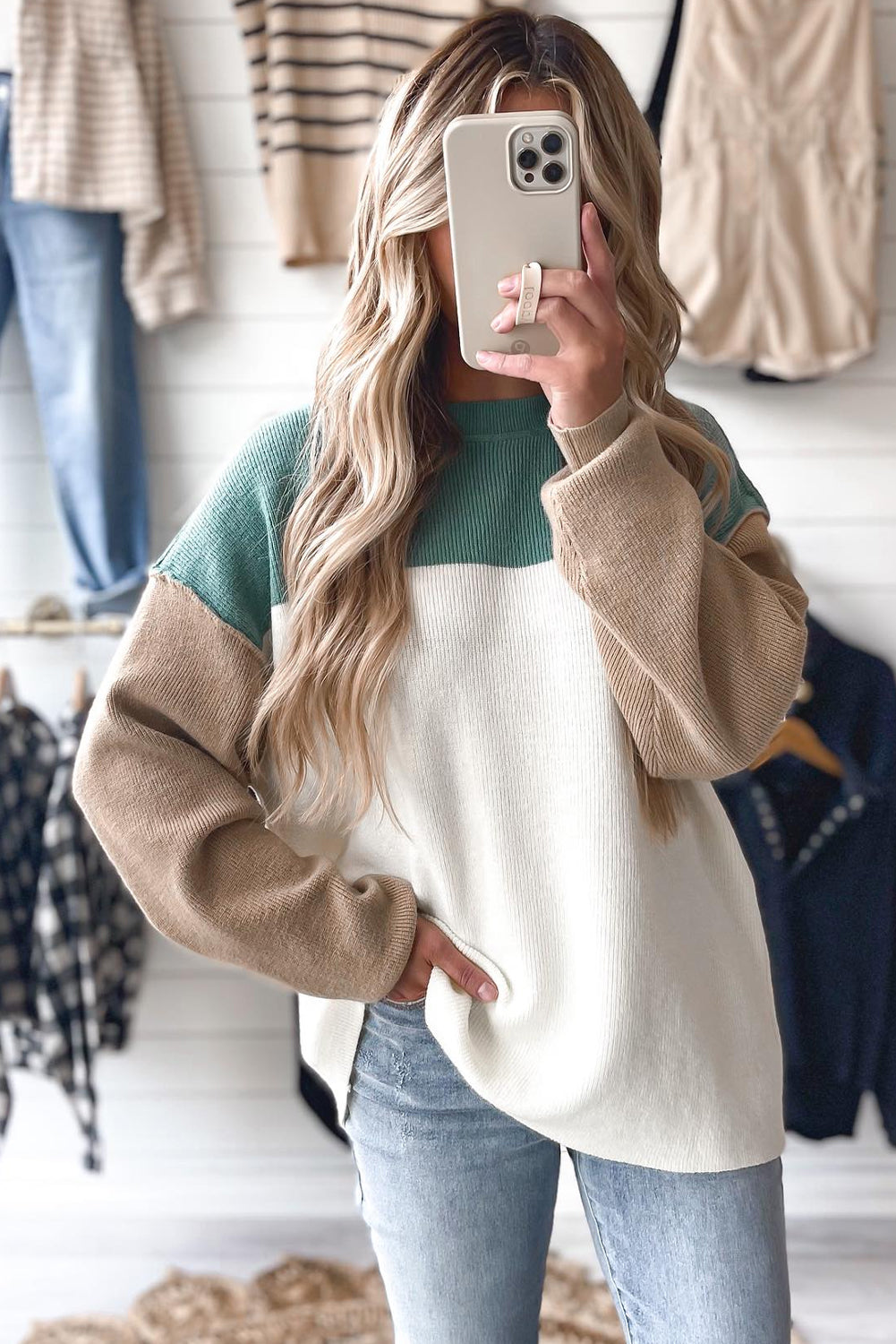 Green Color Block Plain Ribbed Knit Baggy Sweater-TOPS / DRESSES-[Adult]-[Female]-2022 Online Blue Zone Planet