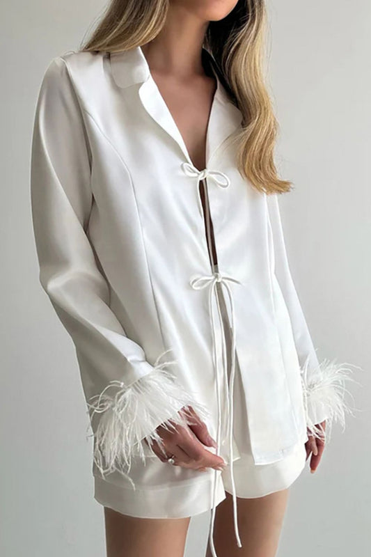 Buttery-Soft Tied Fringe Collared Neck Top and Shorts Set-TOPS / DRESSES-[Adult]-[Female]-White-S-2022 Online Blue Zone Planet