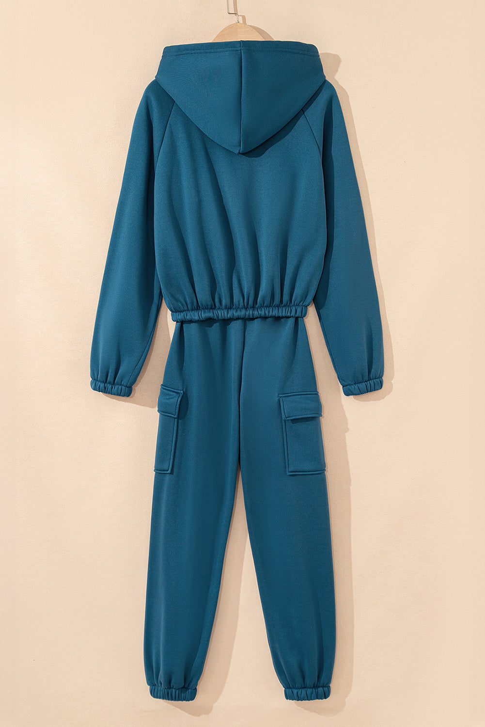 Peacock Blue Cozy Hooded Sweatshirt Drawstring Elastic Waistband Cargo Pant Set-Two Piece Sets/Pant Sets-[Adult]-[Female]-2022 Online Blue Zone Planet