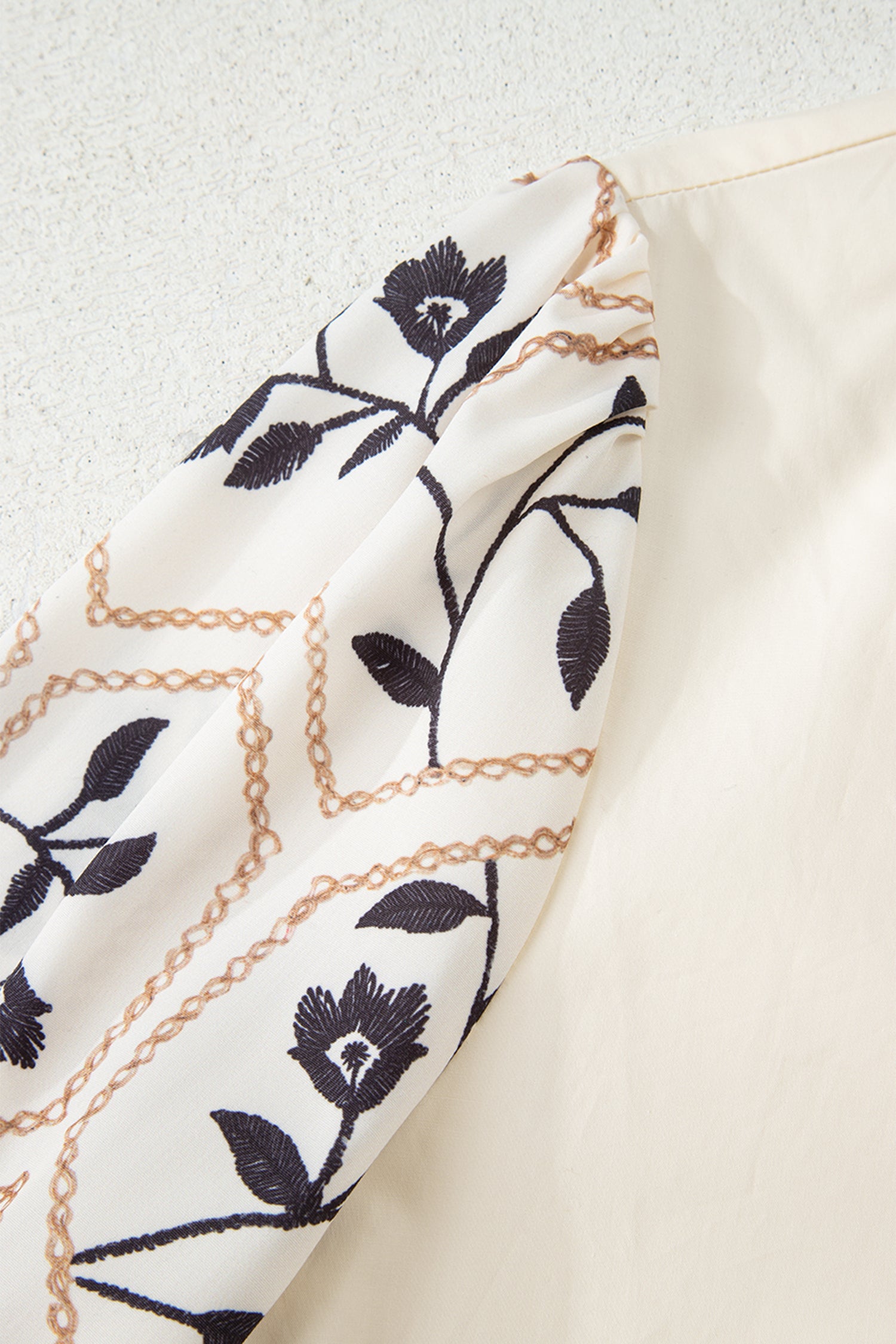 White Floral Puff Sleeve Contrast V Neck Patchwork Blouse-Tops/Blouses & Shirts-[Adult]-[Female]-2022 Online Blue Zone Planet