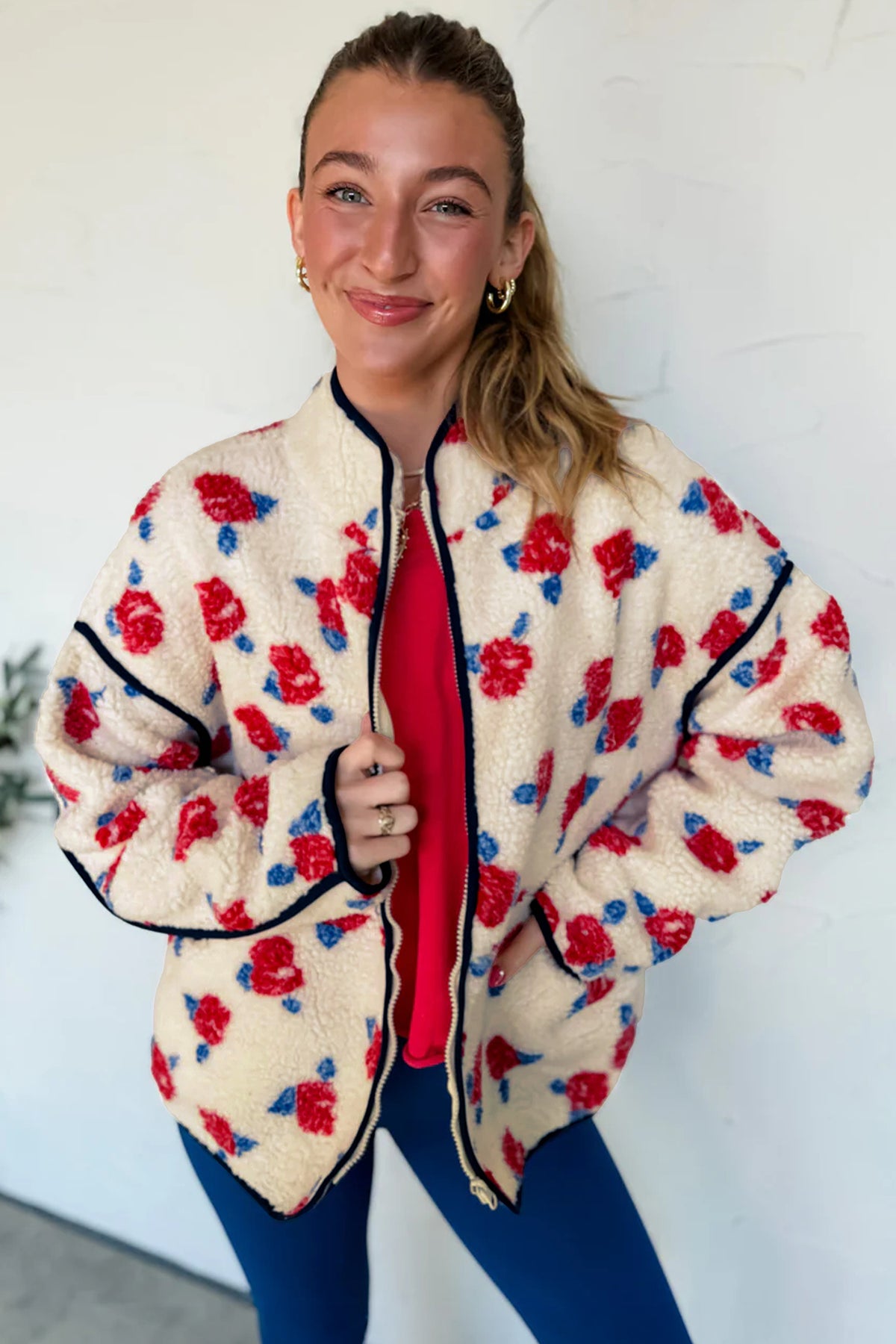 White Floral Print Zipper Stand Neck Outerwear Fleece Coat