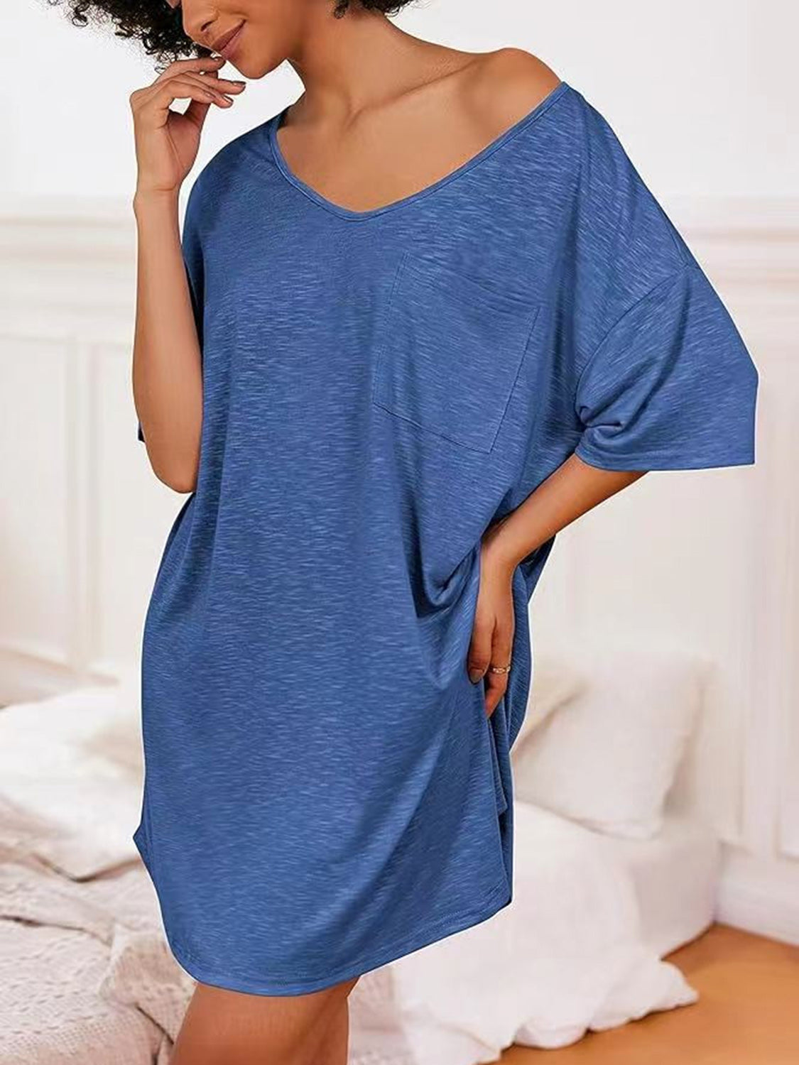 Blue Zone Planet | Pocketed V-Neck Short Sleeve Tee Dress-TOPS / DRESSES-[Adult]-[Female]-2022 Online Blue Zone Planet