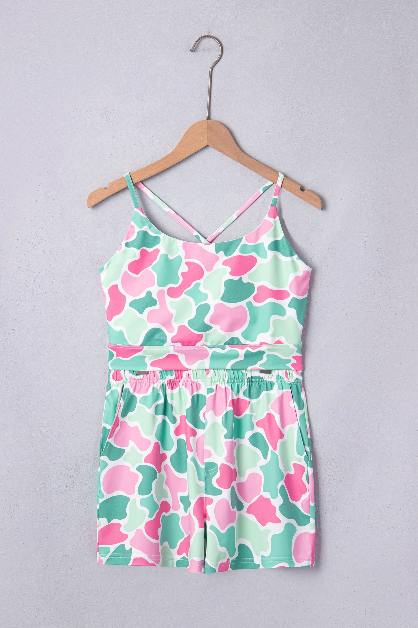 Green Camouflage Printed Cropped Tank Athleisure 2pcs Short Set-Two Piece Sets/Short Sets-[Adult]-[Female]-2022 Online Blue Zone Planet