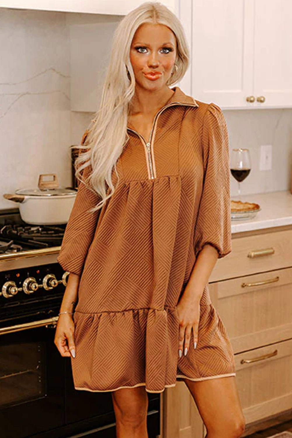 Desert Gold Quarter Zip Collar Bracelet Sleeve Textured Mini Dress-TOPS / DRESSES-[Adult]-[Female]-2022 Online Blue Zone Planet