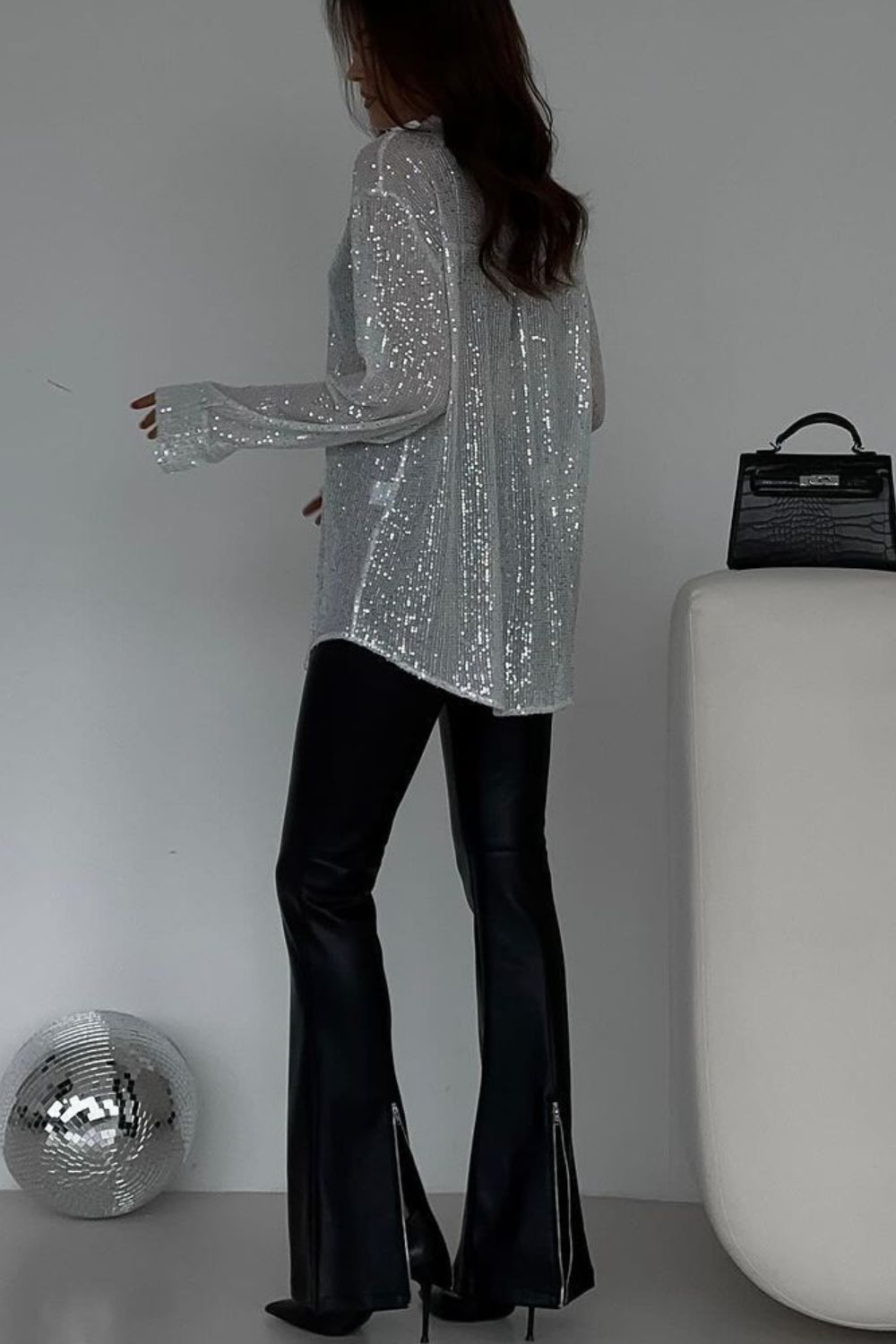 Sequin Button Up Long Sleeve Shirt-TOPS / DRESSES-[Adult]-[Female]-2022 Online Blue Zone Planet