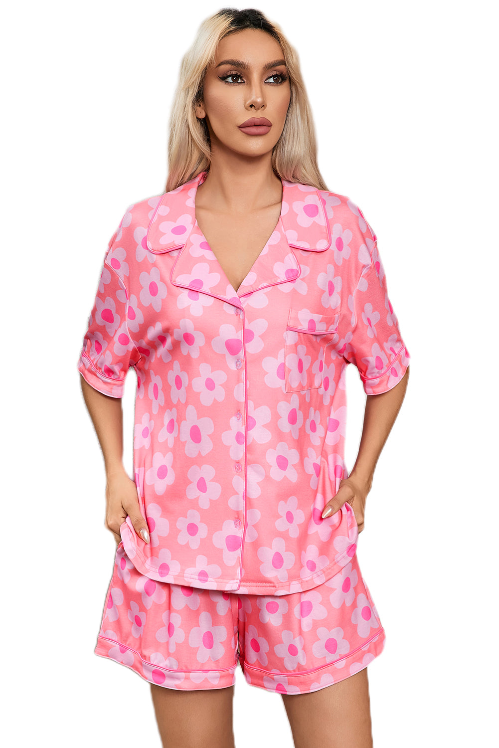 Green Flower Print Short Sleeve Shirt Pajamas Set-Loungewear & Sleepwear/Sleepwear-[Adult]-[Female]-2022 Online Blue Zone Planet