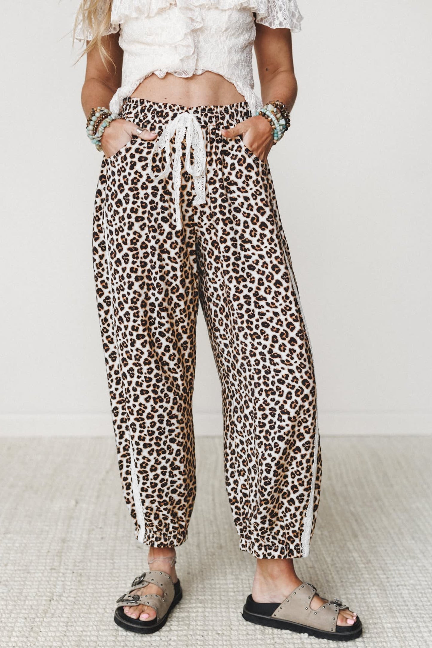 Black Leopard Print Ankle-Length Elastic Waist Pants